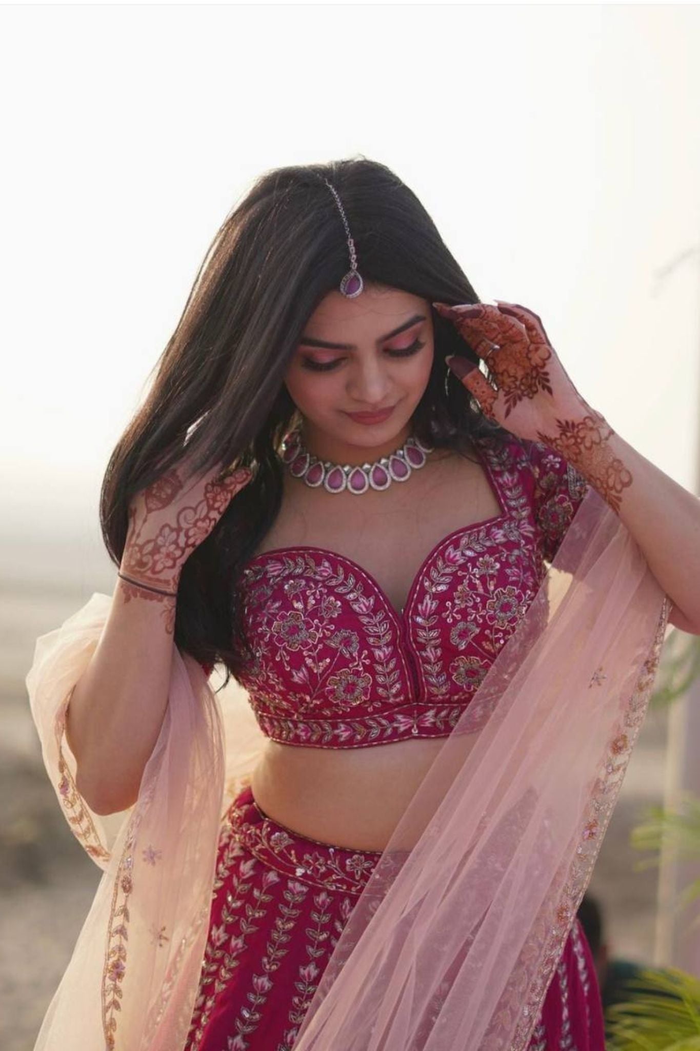 Slub Silk Embroidered Pink Color Bridal Lehenga Choli For Woman