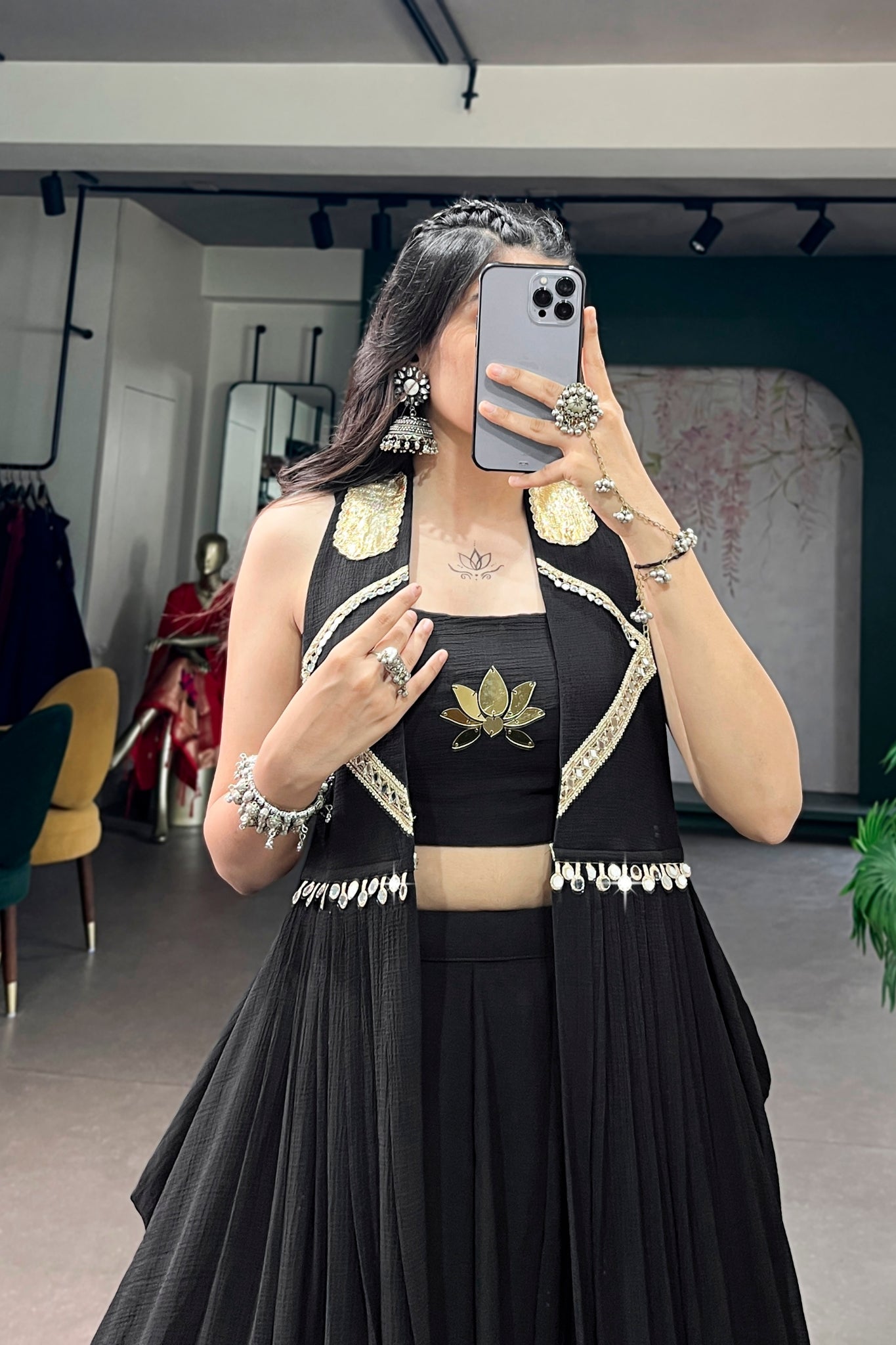 RaasRang Navratri Special Black Lotus Lehenga Choli With Long Jacket
