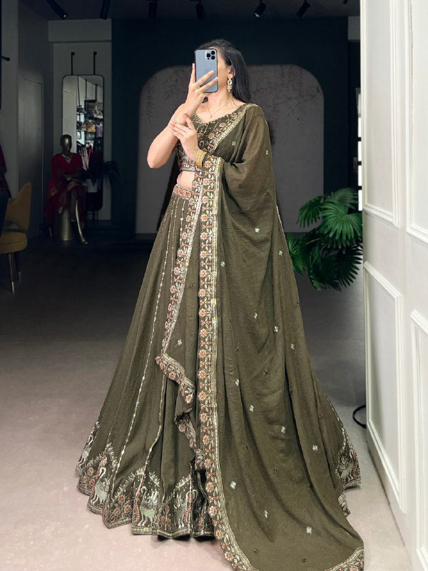 Regal Olive Green Embroidered Bridesmaid Lehenga Choli