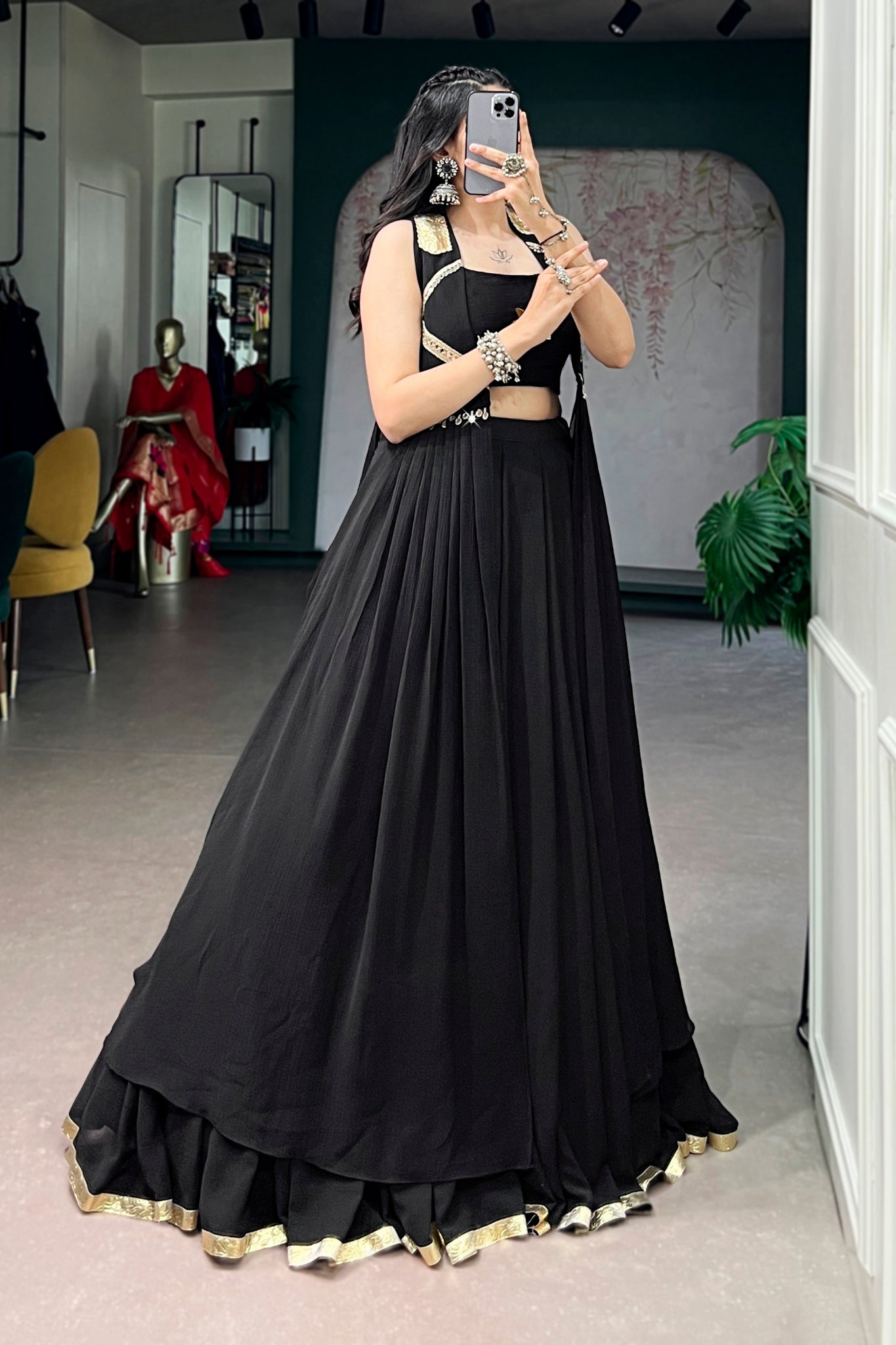 RaasRang Navratri Special Black Lotus Lehenga Choli With Long Jacket