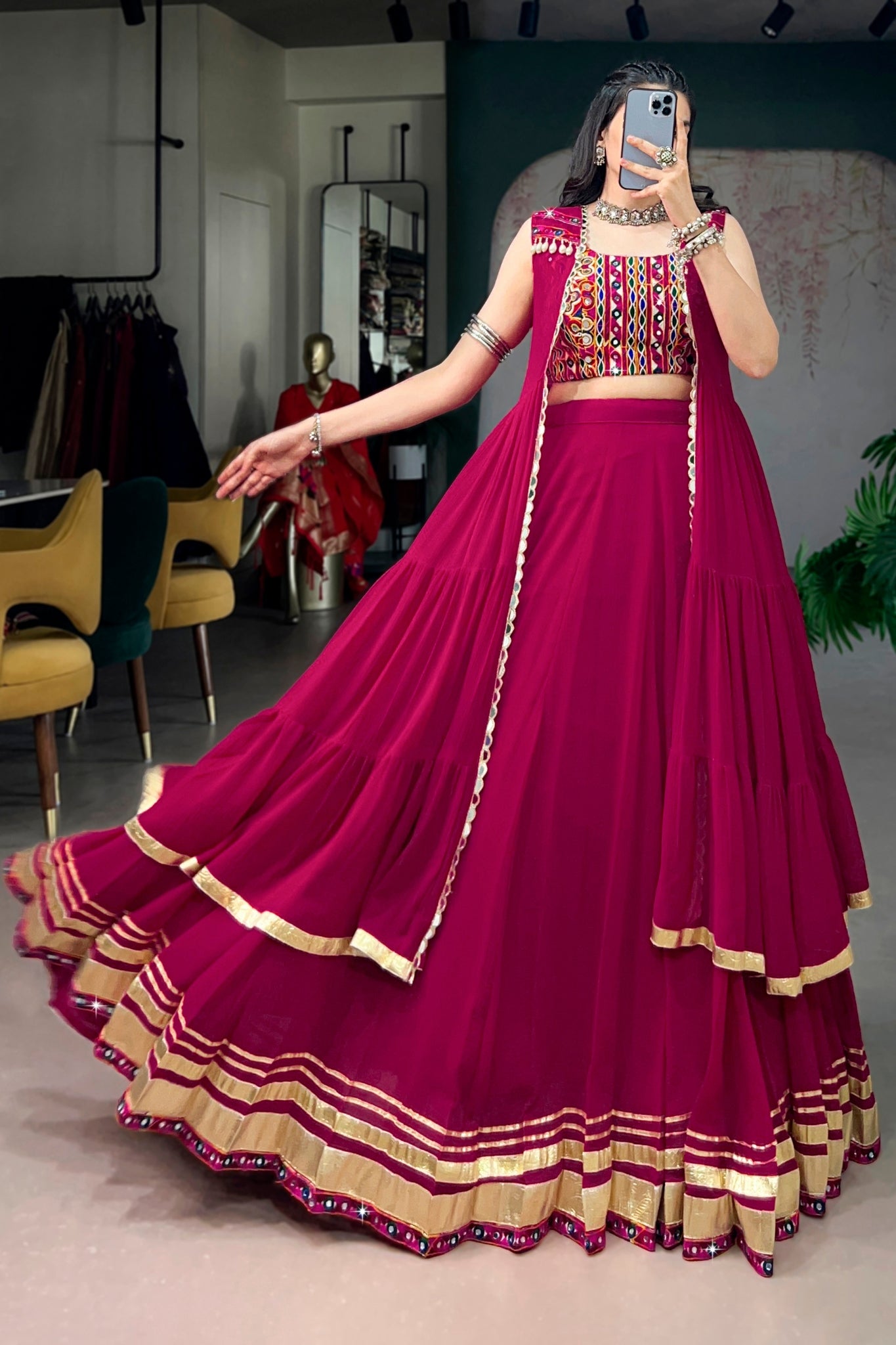 RaasRang Navratri Special Rani Pink Gamthi Work Lehenga Choli With Long Koti