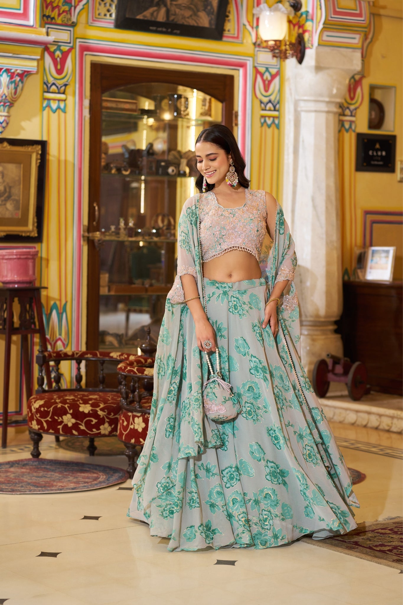 Acriine Luxe Pastel Floral Designer Lehenga Choli With Stylish Cape Dupatta