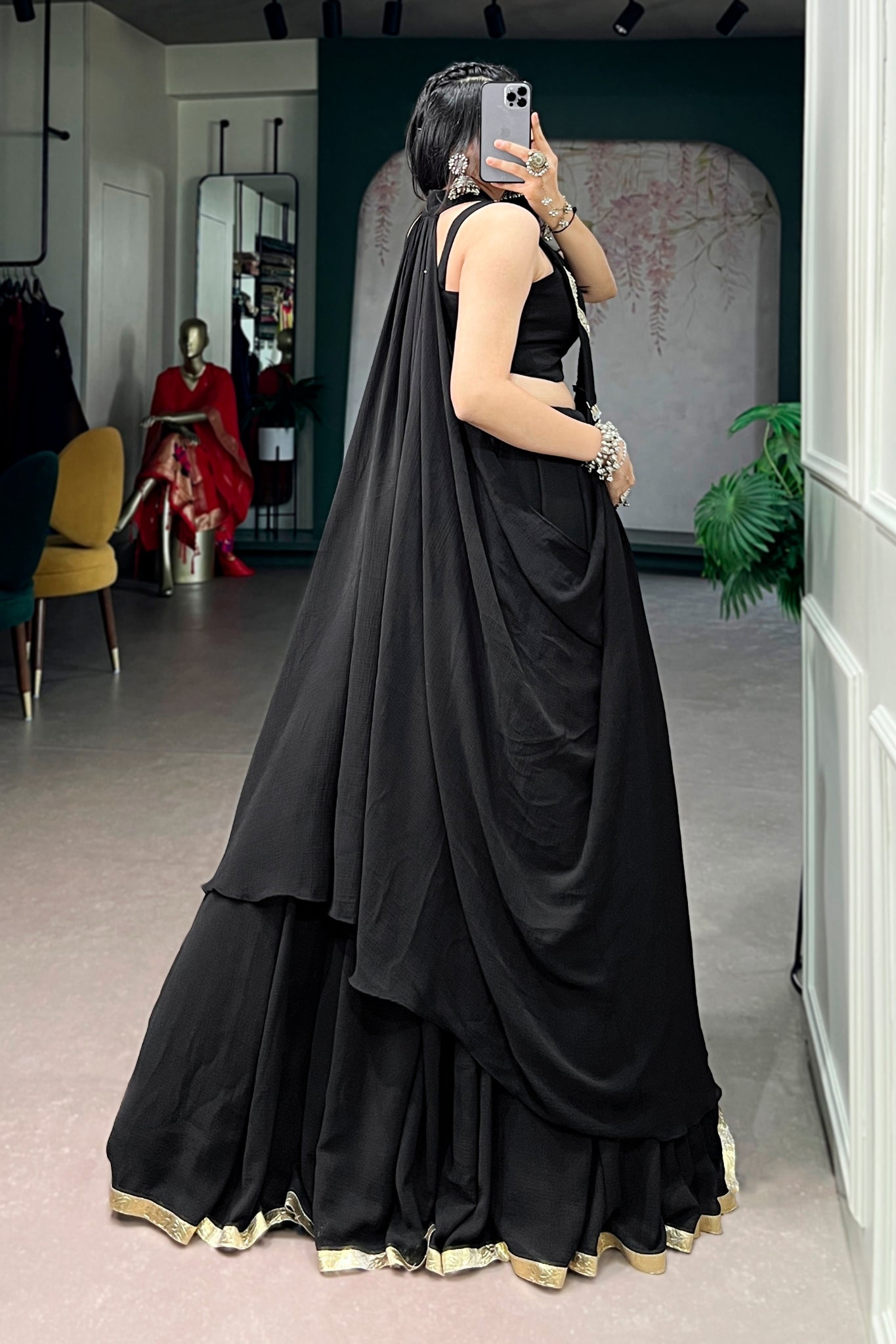RaasRang Navratri Special Black Lotus Lehenga Choli With Long Jacket