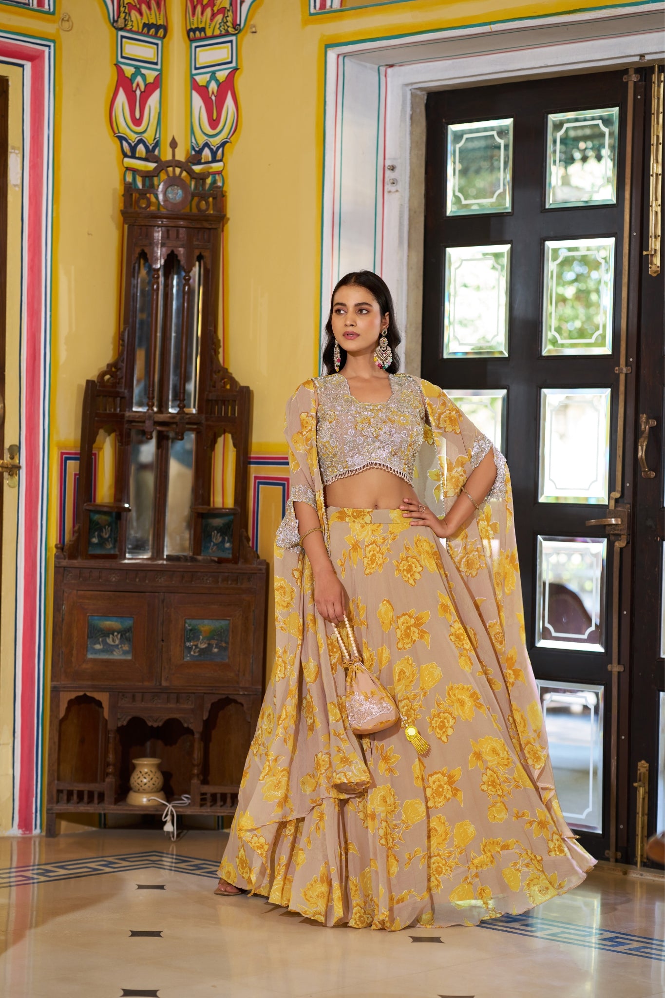 Acriine Luxe Pastel Floral Designer Lehenga Choli With Stylish Cape Dupatta
