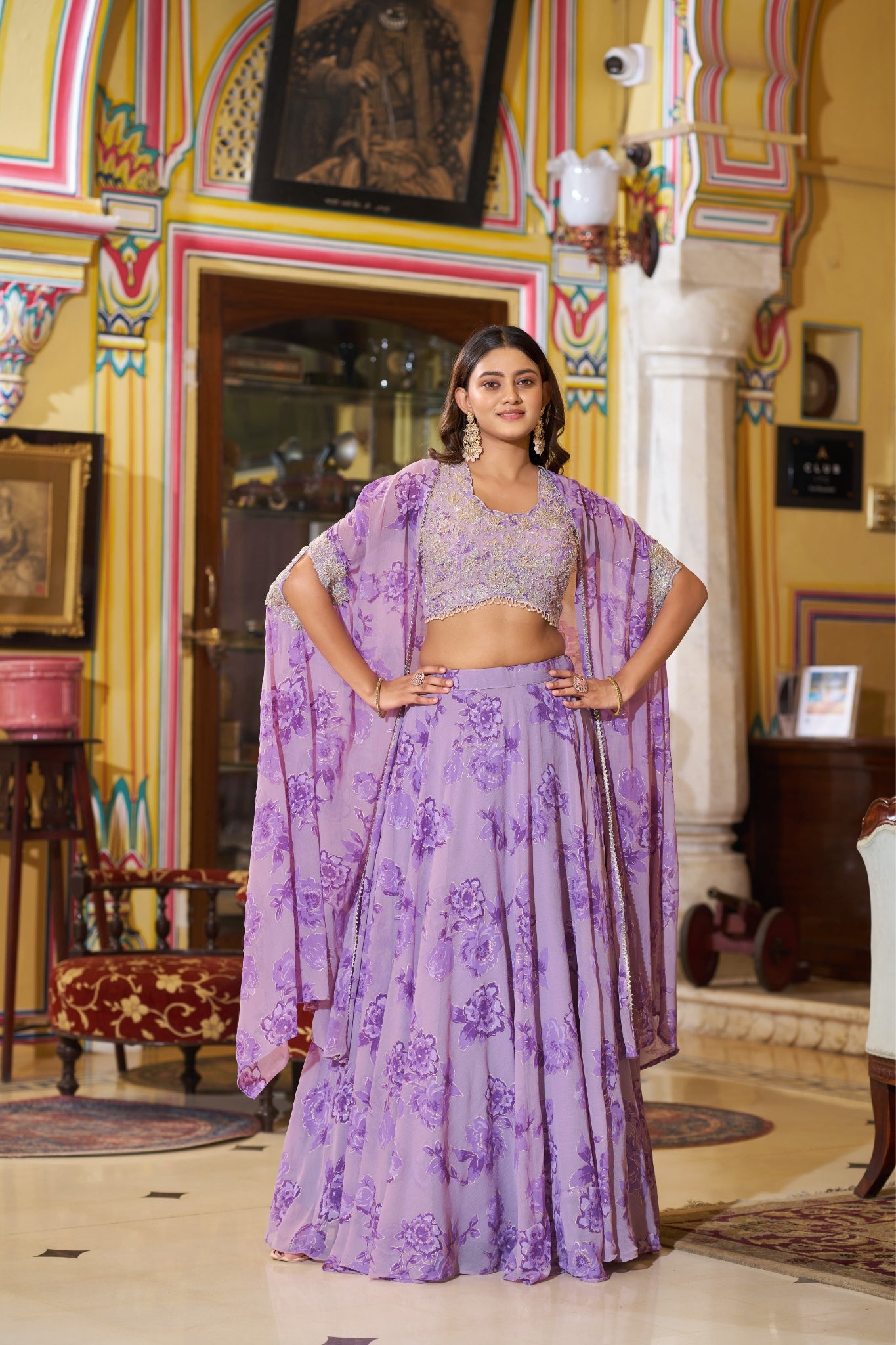 Acriine Luxe Pastel Floral Designer Lehenga Choli With Stylish Cape Dupatta