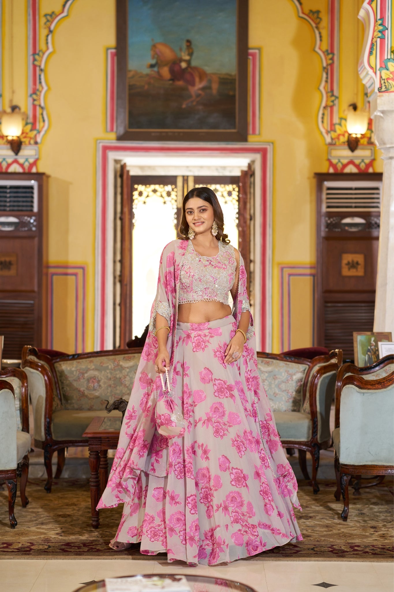 Acriine Luxe Pastel Floral Designer Lehenga Choli With Stylish Cape Dupatta