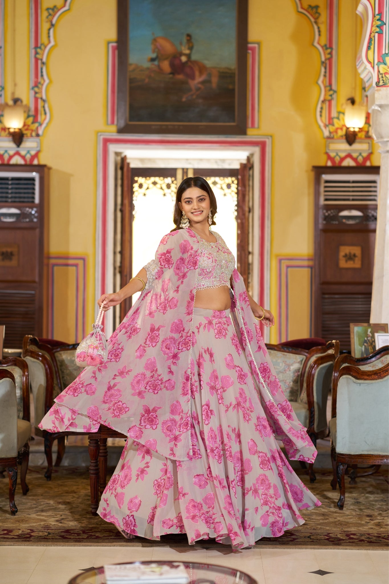 Acriine Luxe Pastel Floral Designer Lehenga Choli With Stylish Cape Dupatta