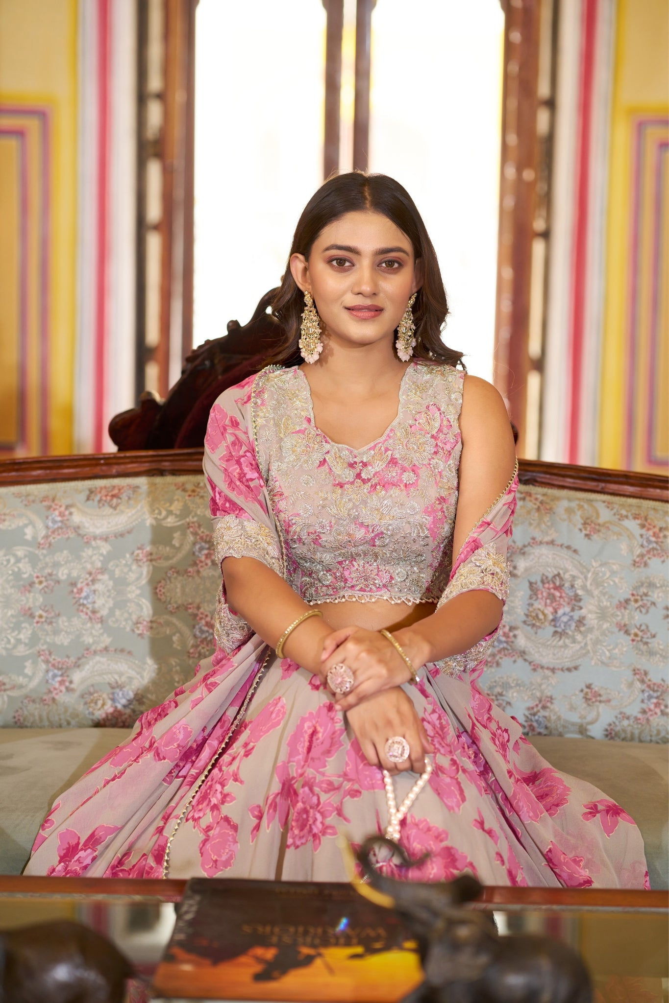 Acriine Luxe Pastel Floral Designer Lehenga Choli With Stylish Cape Dupatta