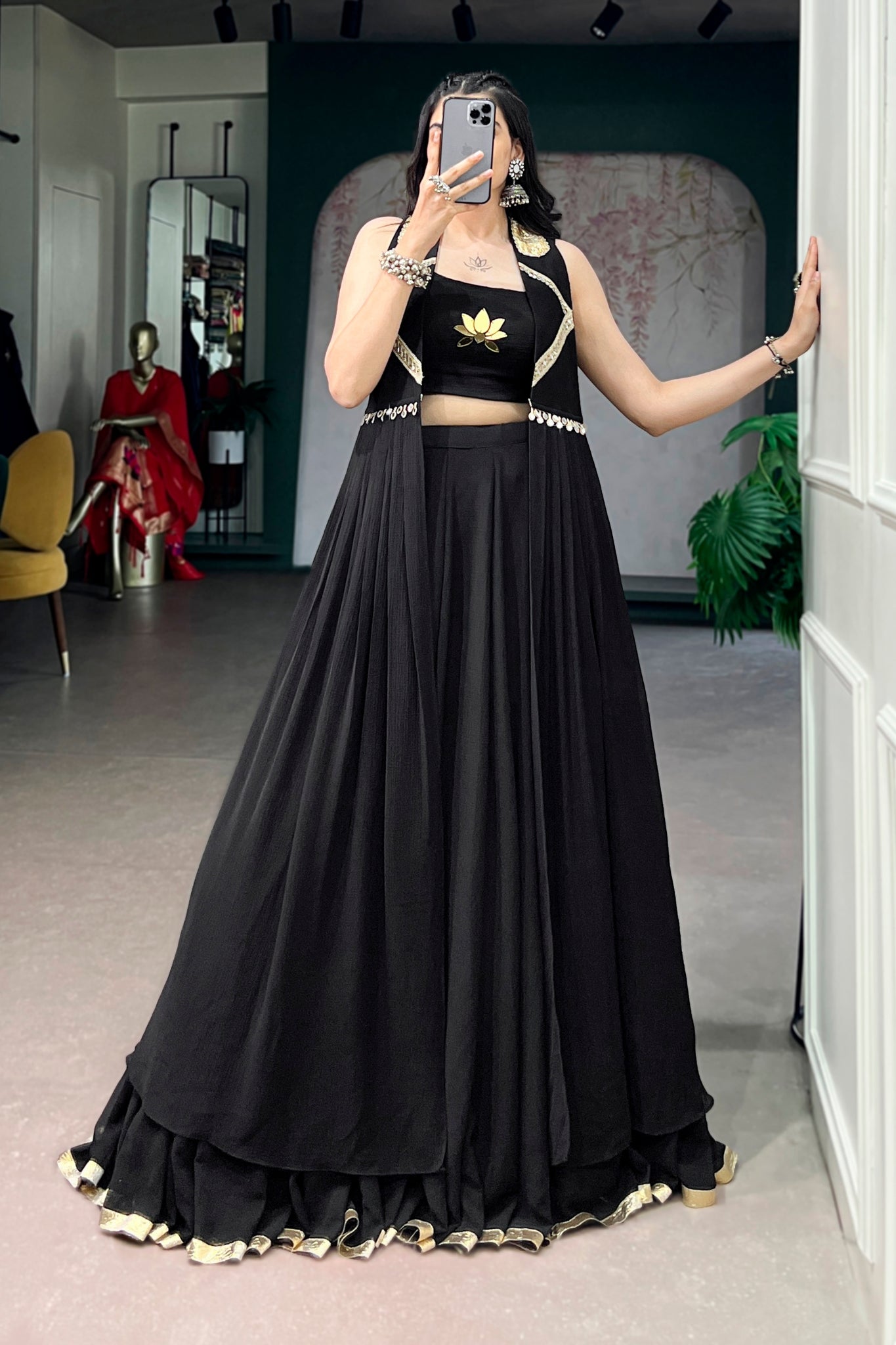 RaasRang Navratri Special Black Lotus Lehenga Choli With Long Jacket