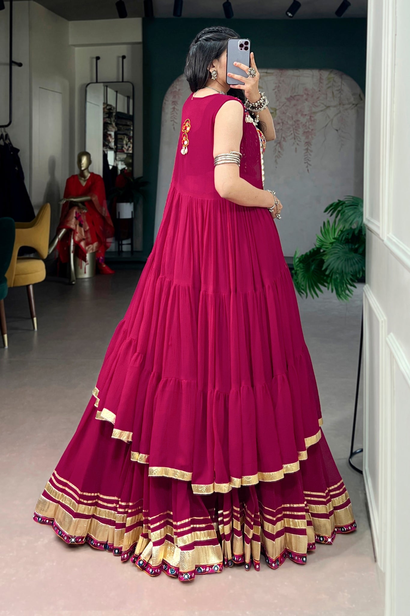 RaasRang Navratri Special Rani Pink Gamthi Work Lehenga Choli With Long Koti