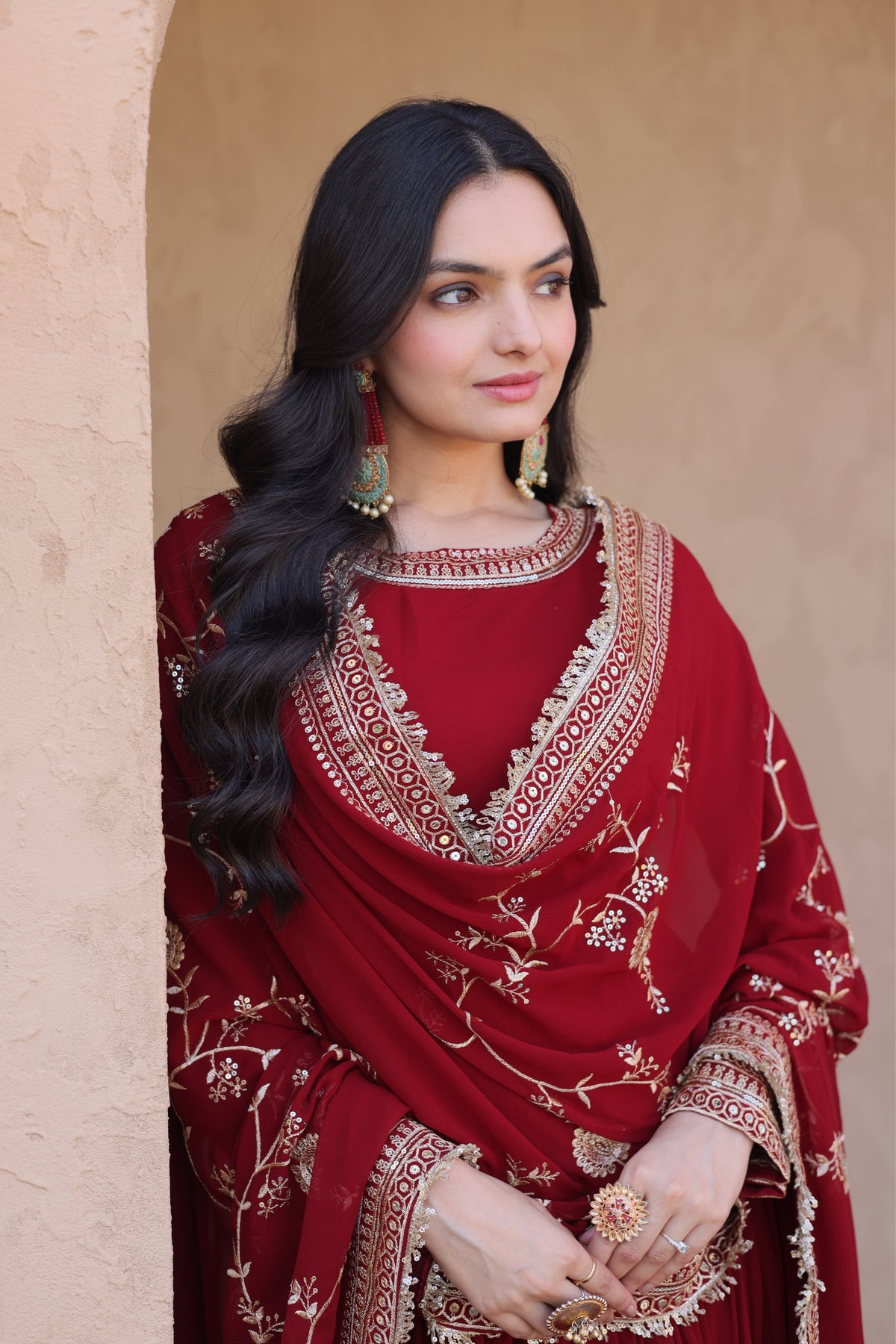Maroon Designer Anarkali Gown with Dupatta Set