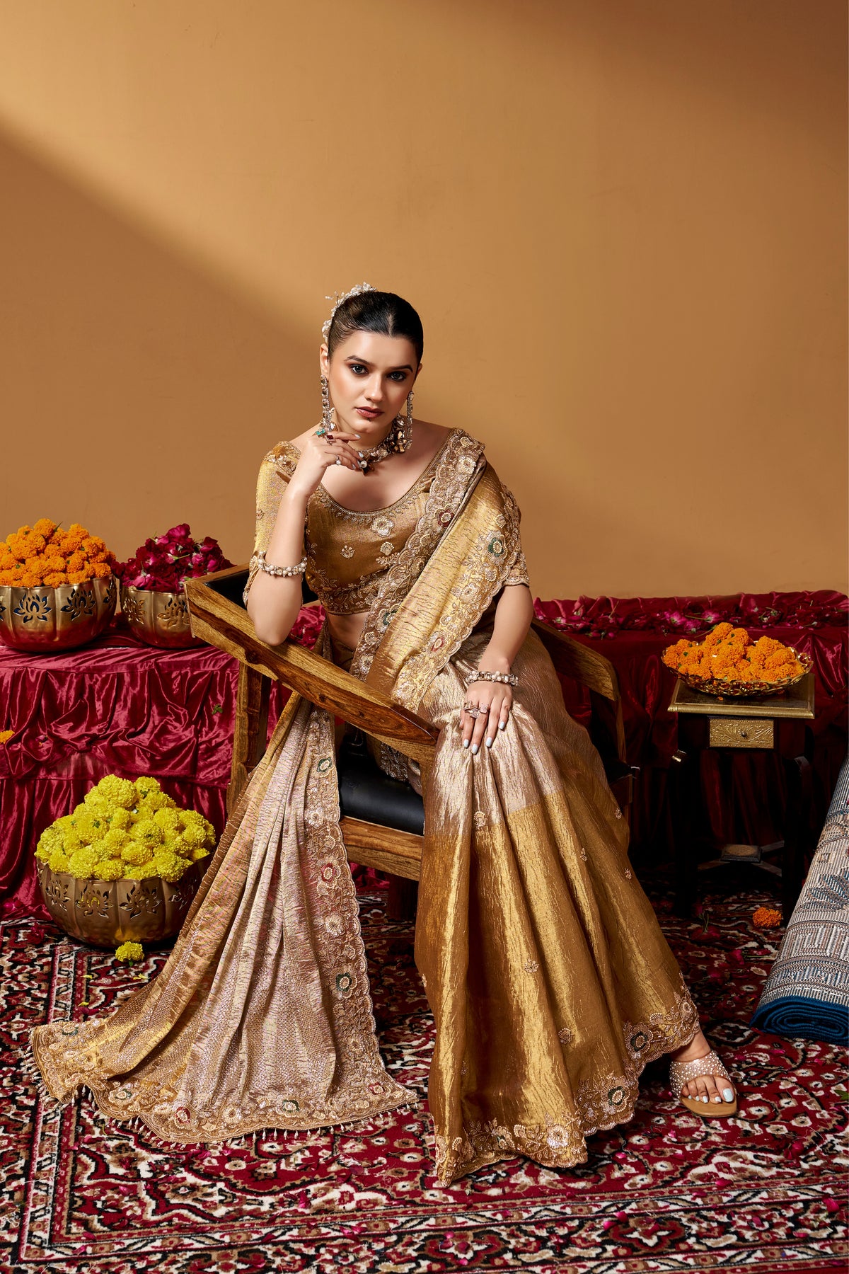 Kanjivaram Zari Tissue Designer Hand Embroider And Tube Beads Wedding Saree