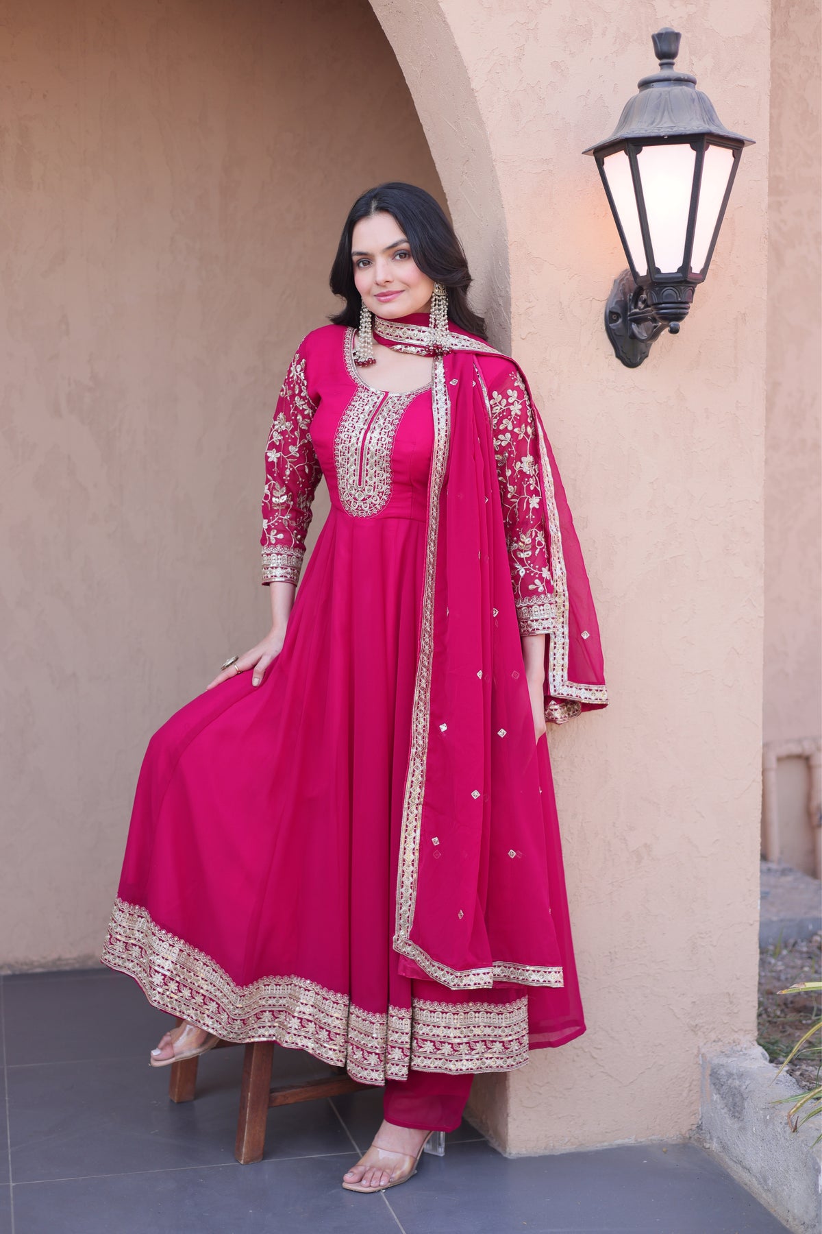 Designer Sequins Embroidered Anarkali Gown With Dupatta Set