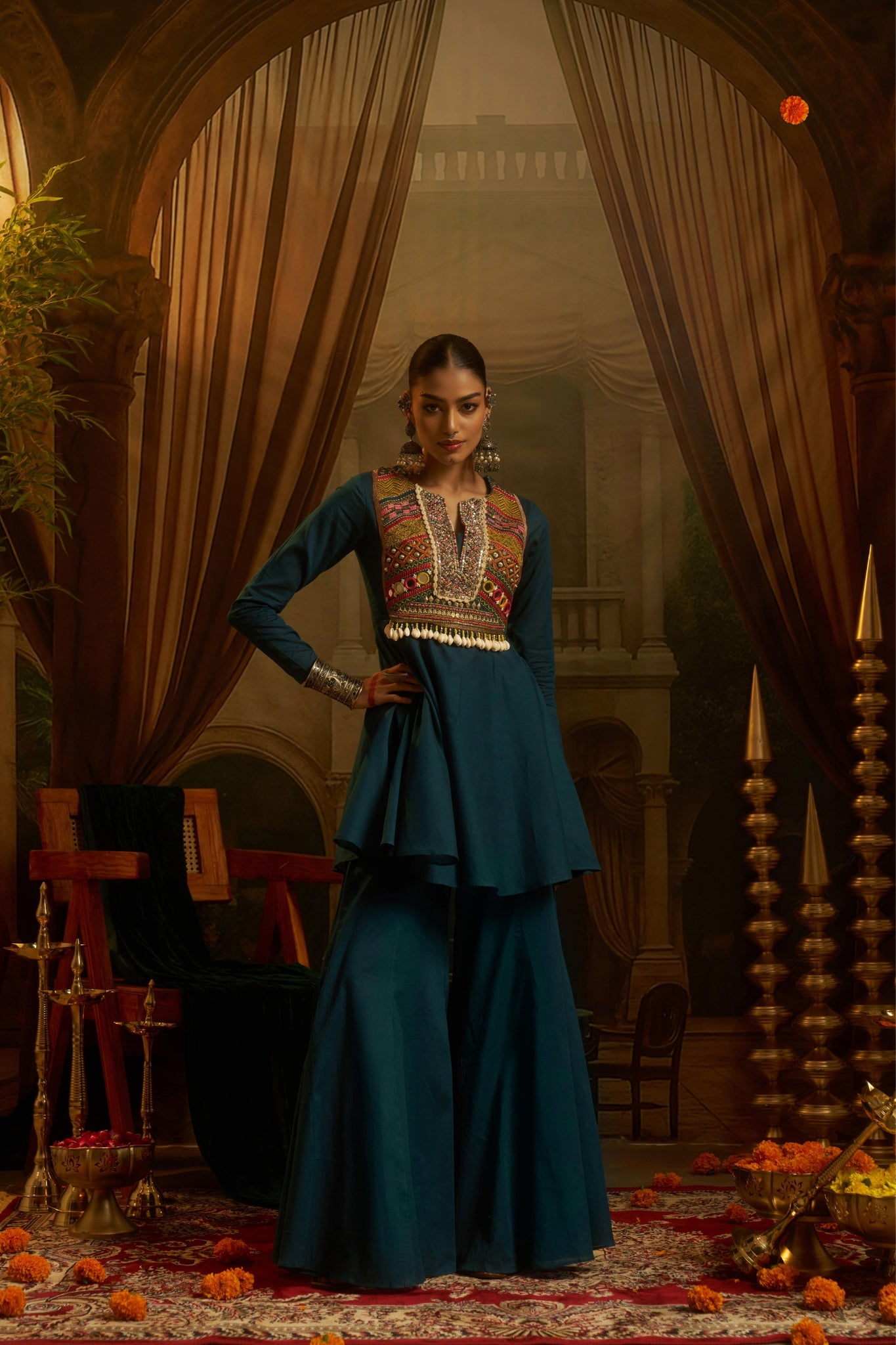 Teal Blue Hand Embroidered Peplum Sharara Set For Women