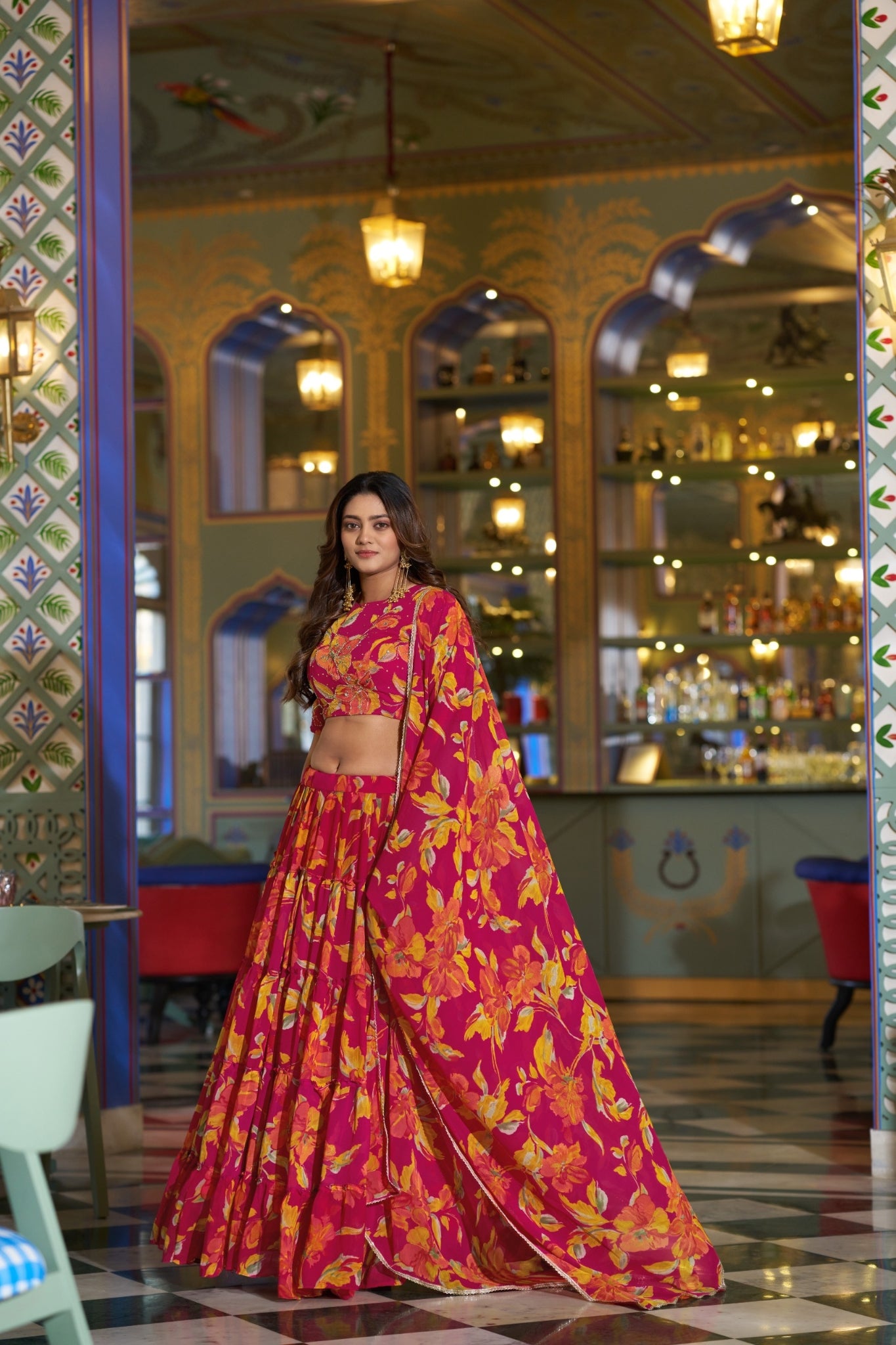 Floral Marble Print Lehenga Choli Set For Women