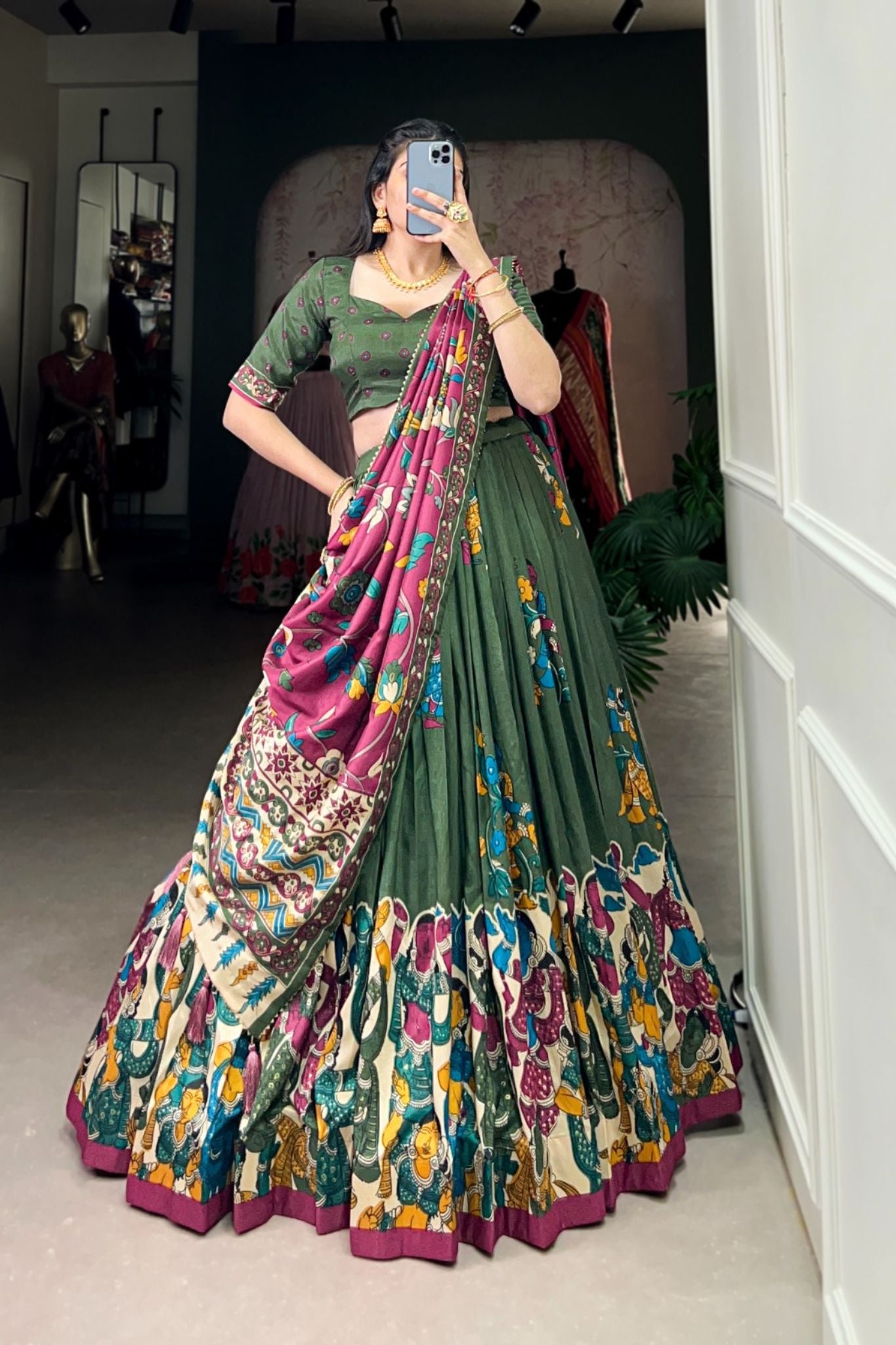 Kalamkari Printed Tussar Silk  Traditional Lehenga Choli