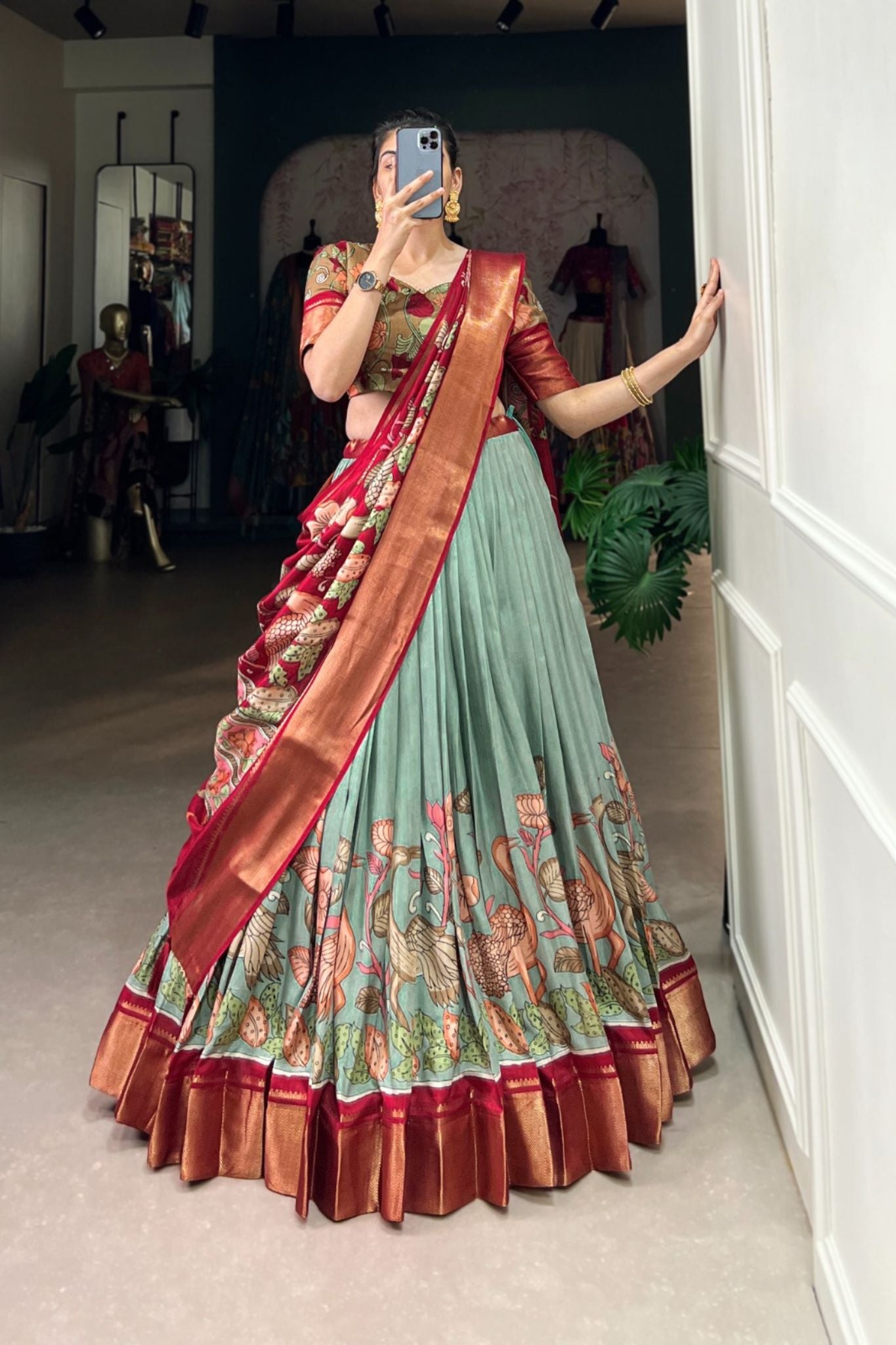 Admiral Kalamkari Printed Bird Motifs Lehenga Set