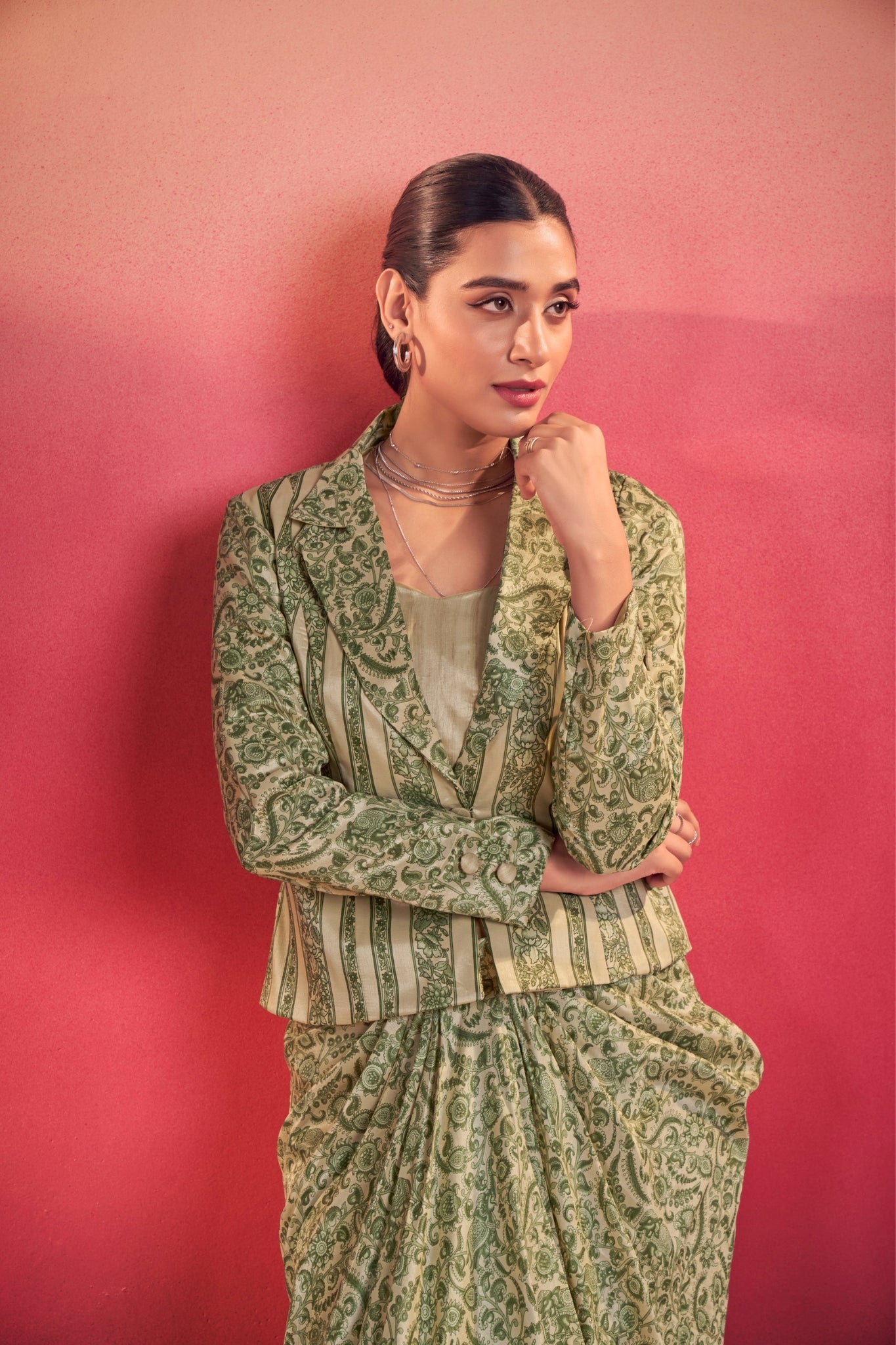 Premium Printed Tasar Silk Co-Ord Set With Draped Skirt & Tailored Jacket