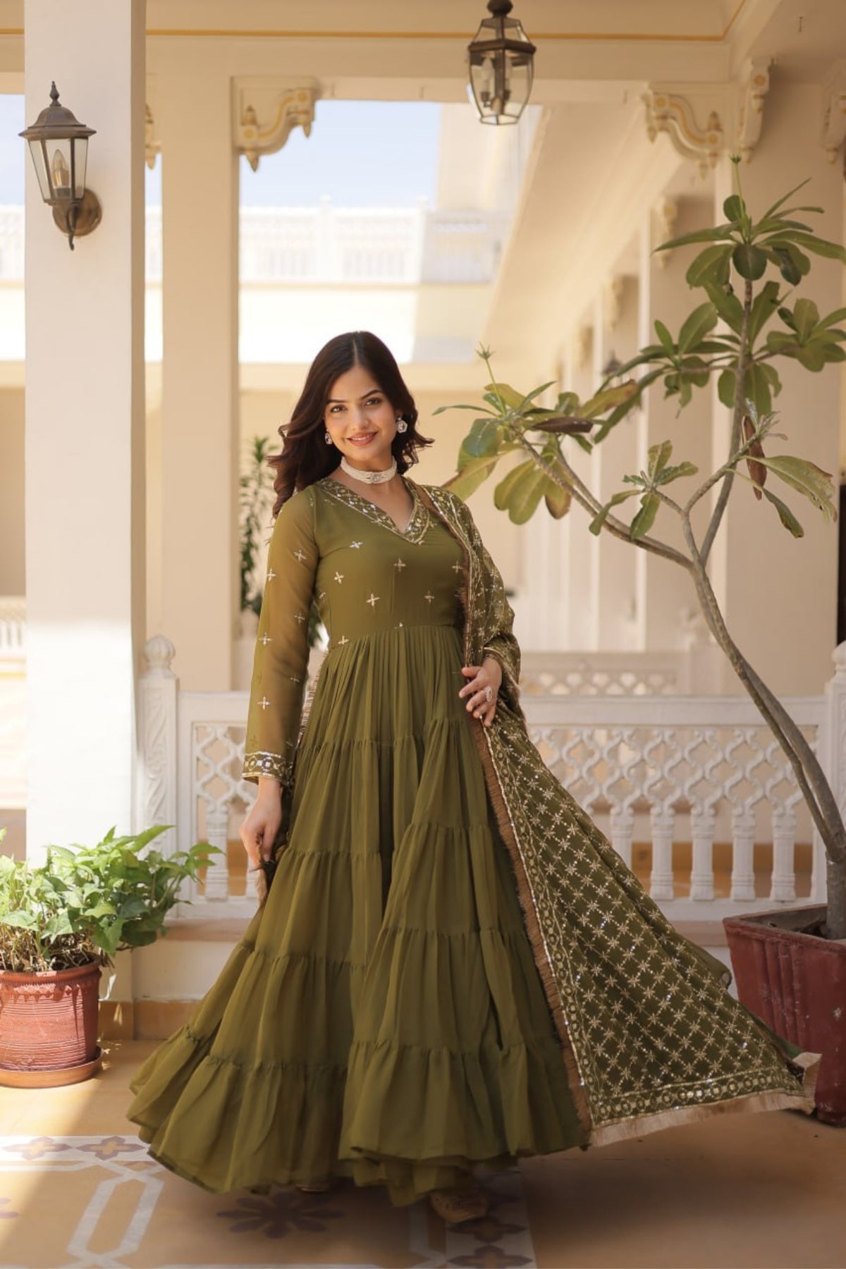 Shriyanshi Green Rich Sequins Embroidered Work Gown with Dupatta Set