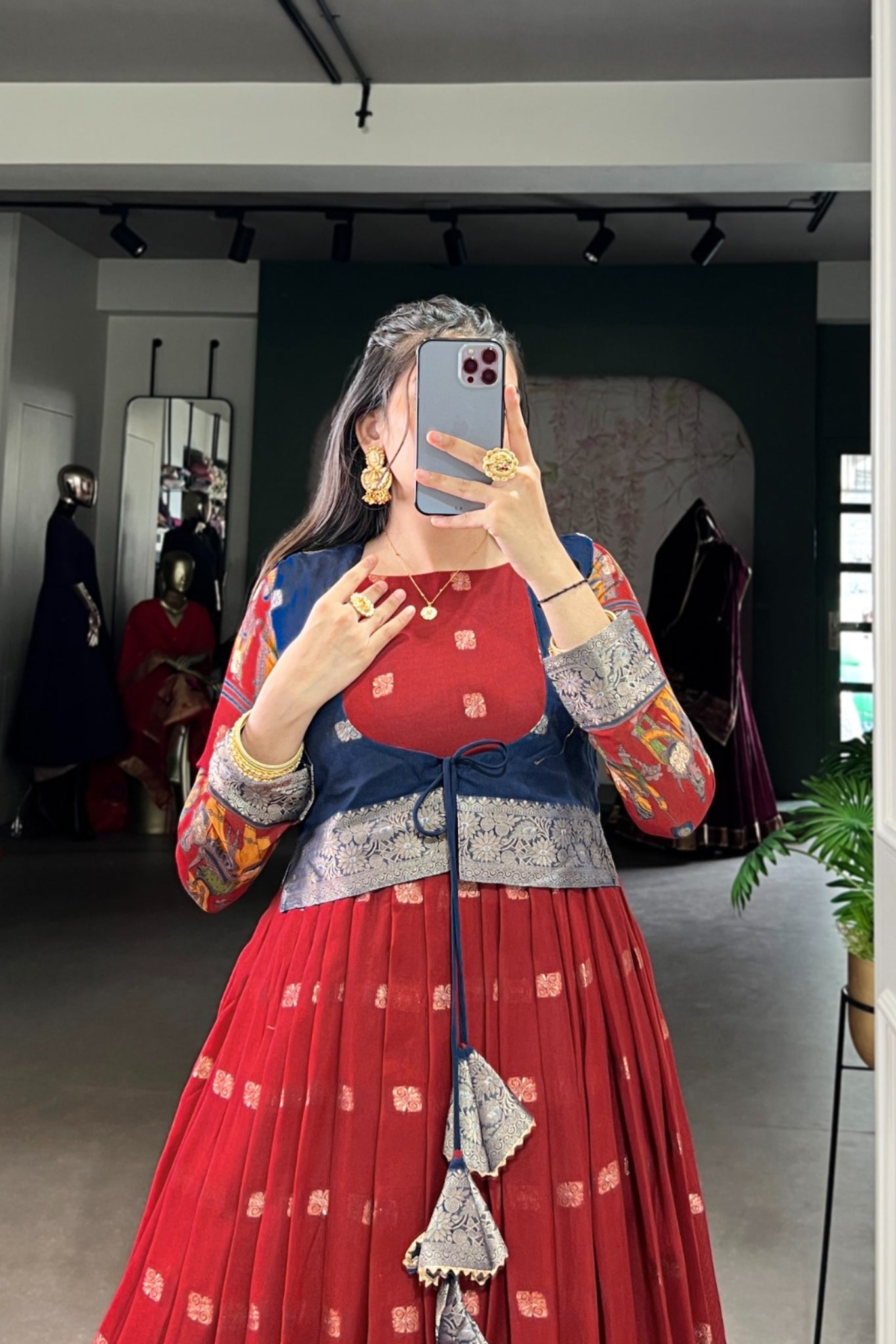 Kalamkari Printed Poly Cotton Zari Weaving Work Designer Gown