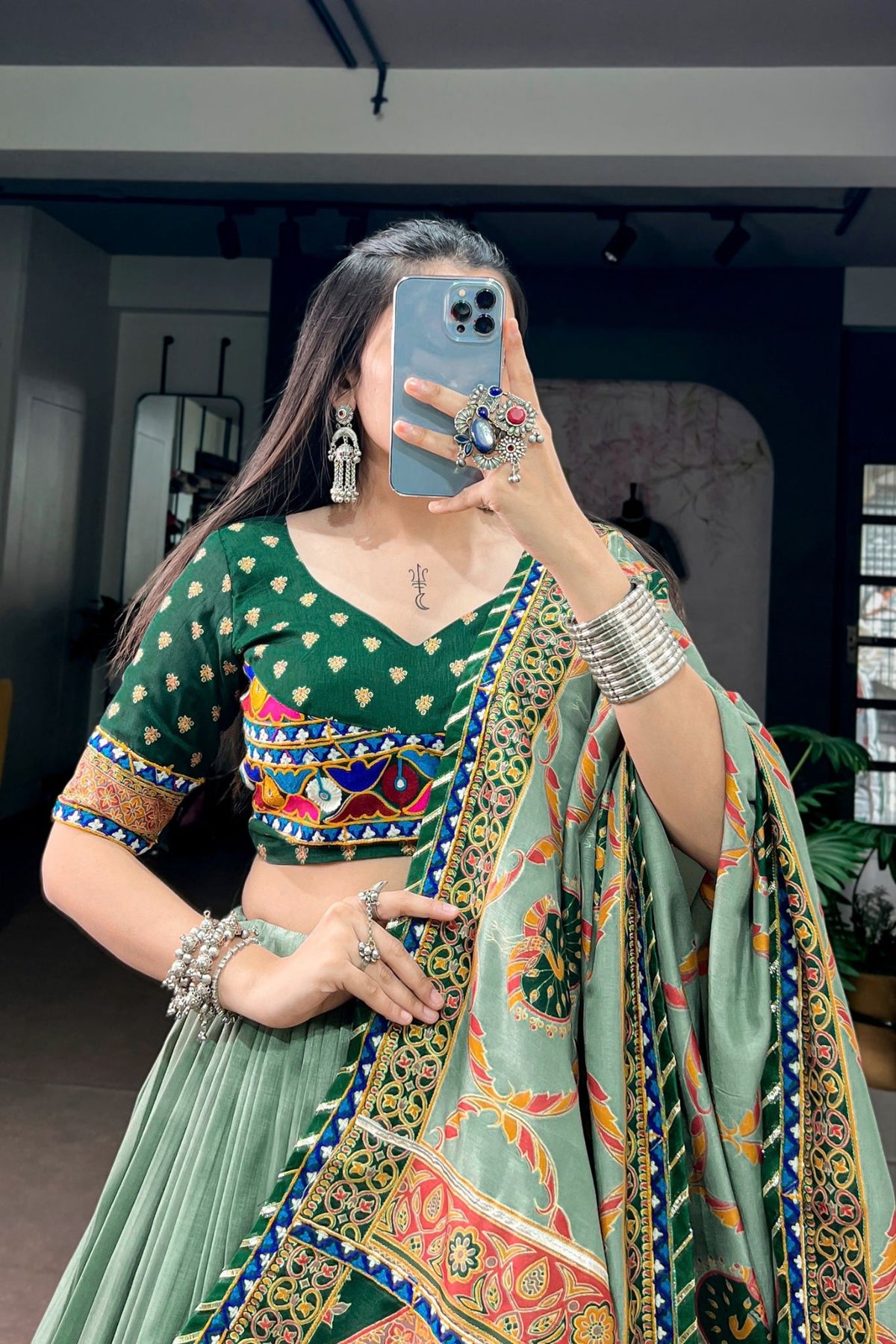 Tasar Silk Gamthi Work Designer Navratri Lehenga Choli