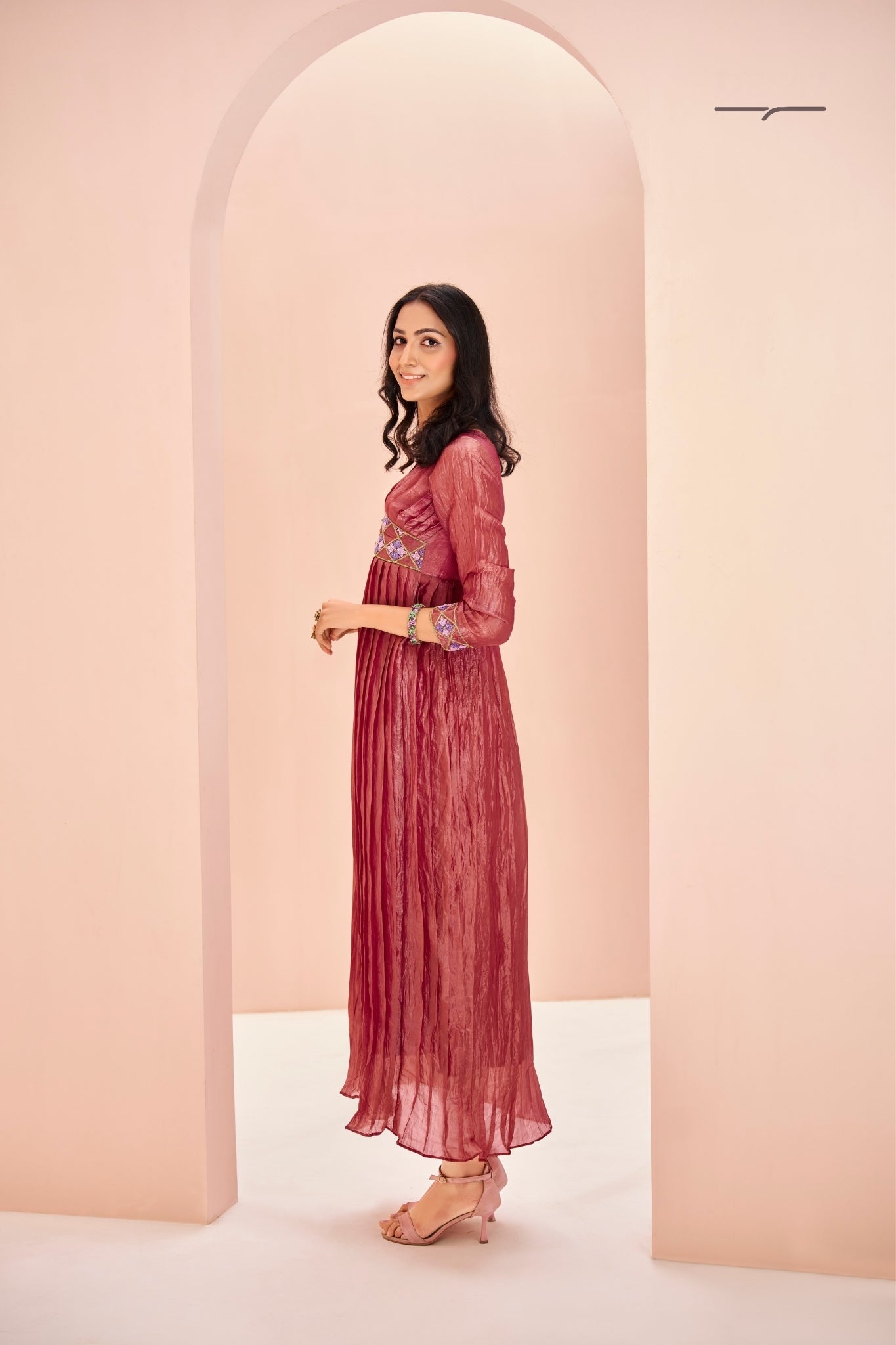 Coral Organza Designer Handwork Yoke Dress