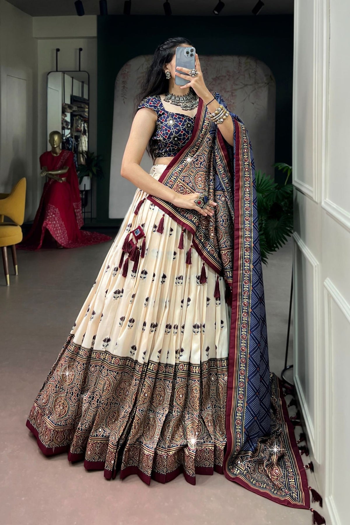 Designer Tasar Silk Ajrak Print Navratri Lehenga Choli