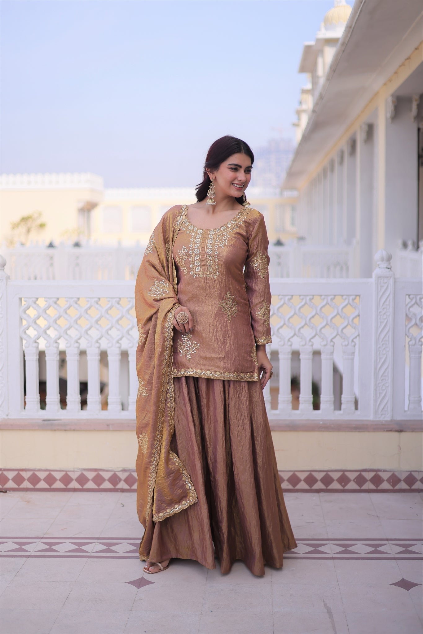 Fendi Crush Zari Sequins Embroidered Kurti Sharara Set With Designer Dupatta
