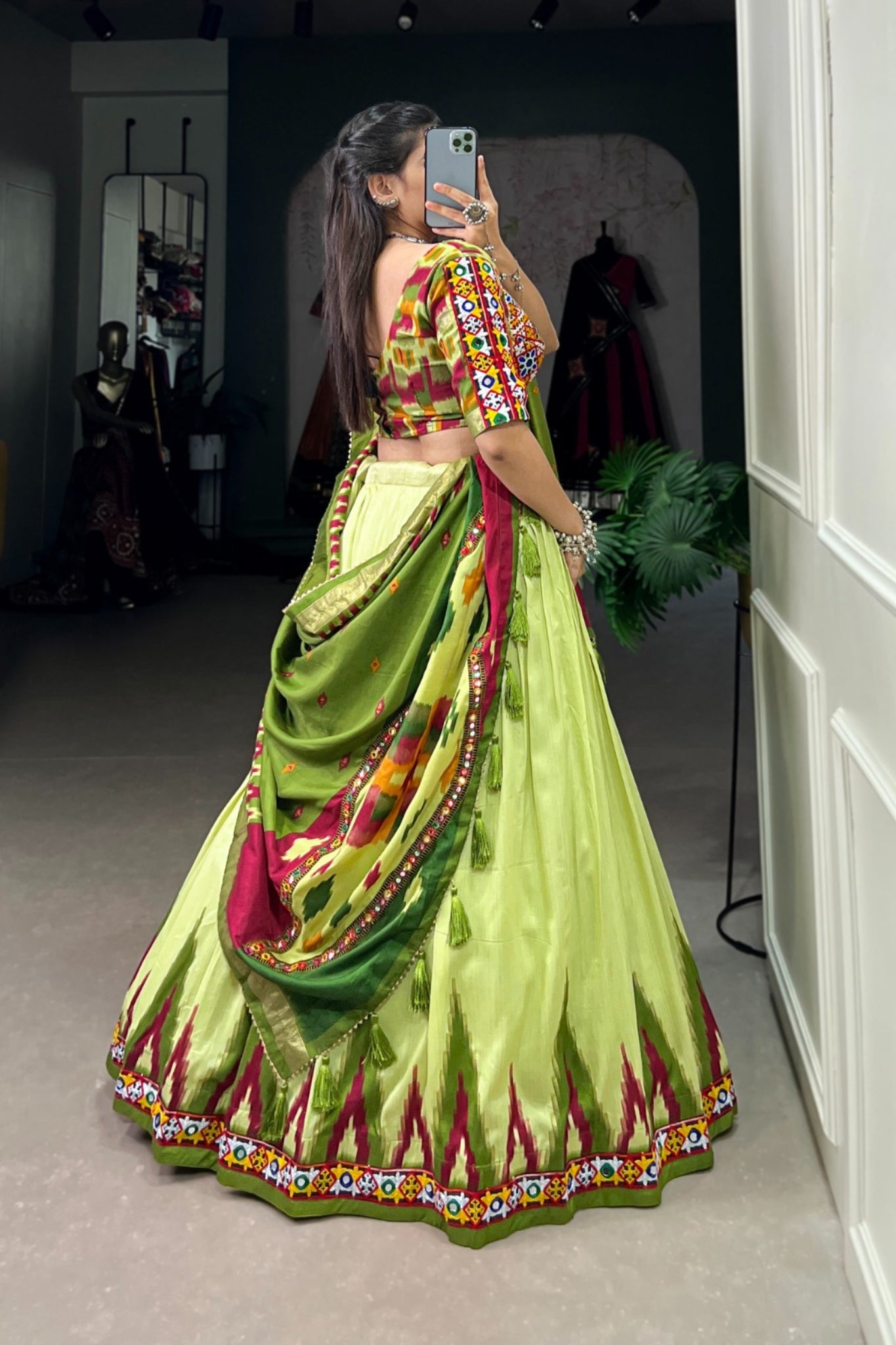 Elegance Luxurious Print With Foil And  Original Mirror Gamthi Work Lehenga Choli