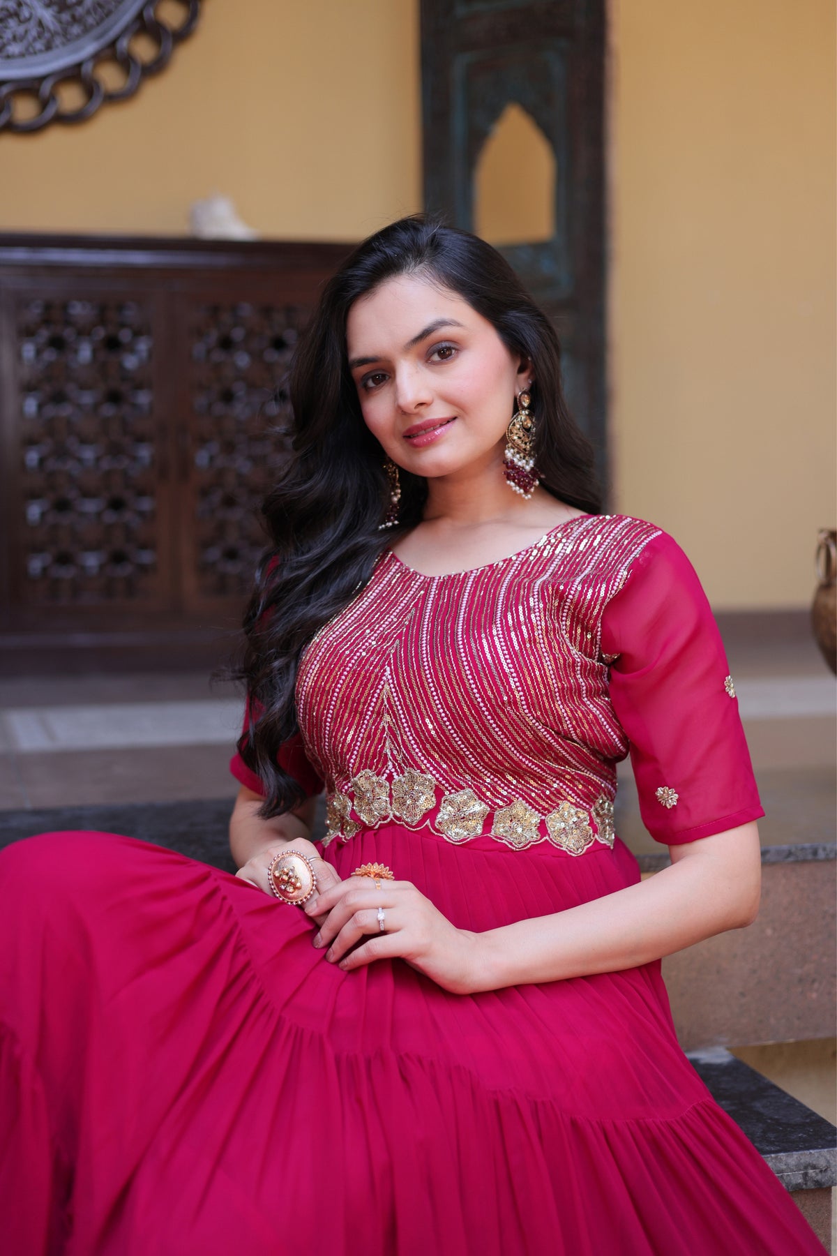 Rani Pink & Red Faux Blooming Designer Sequins Embroidered Tiered Flared Anarkali Gown