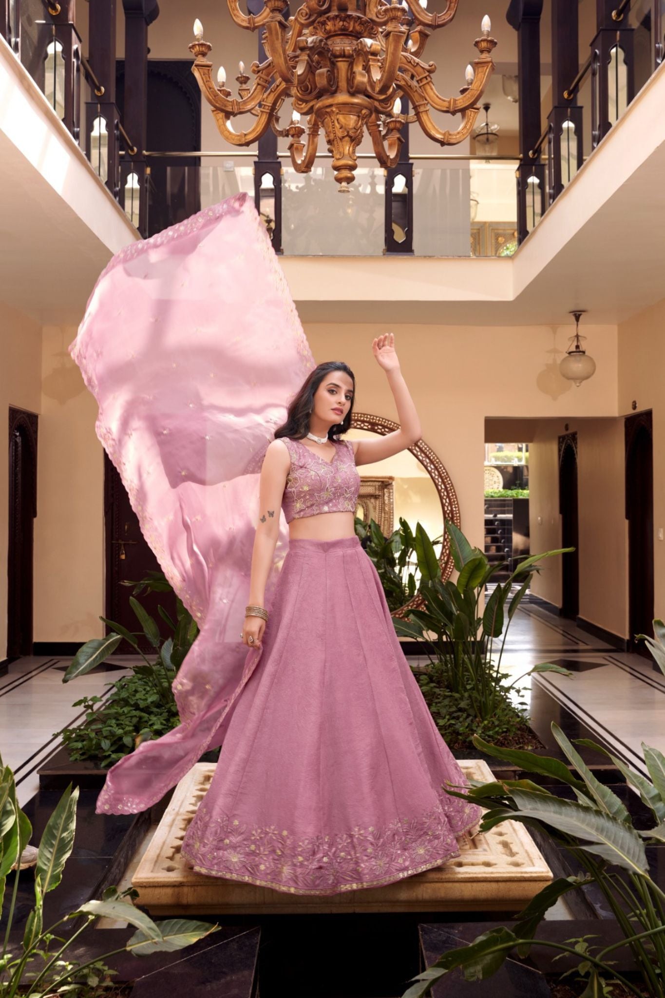 Embroidered Pink Crushed Lehenga Set With Royal Draped Dupatta