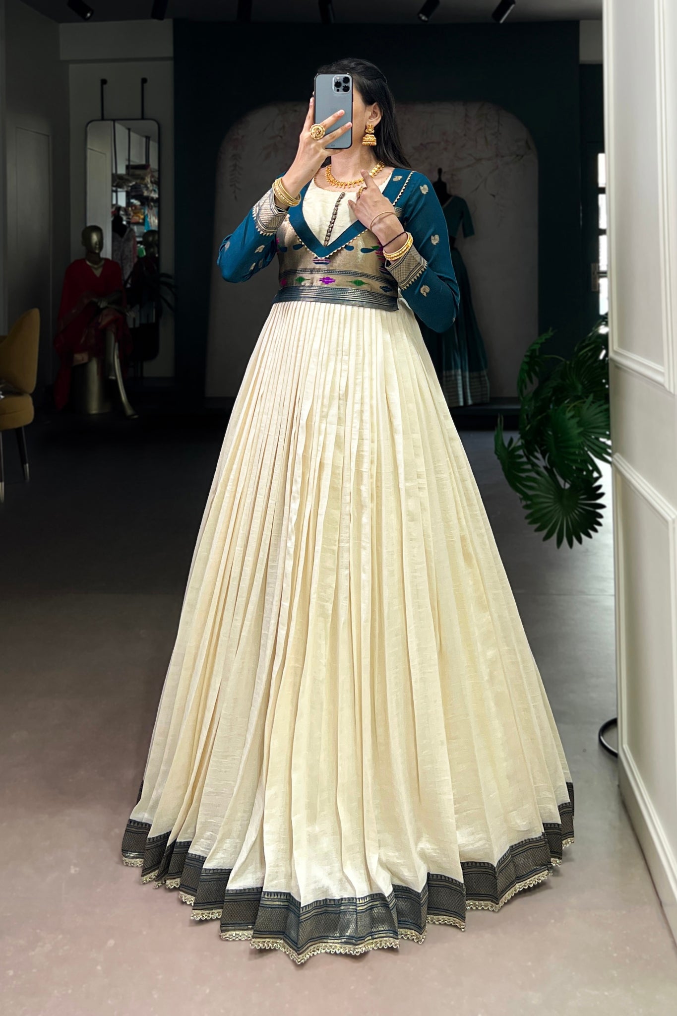 Off White Vichitra Silk Zari Woven Flared Dress With Lace Detailing