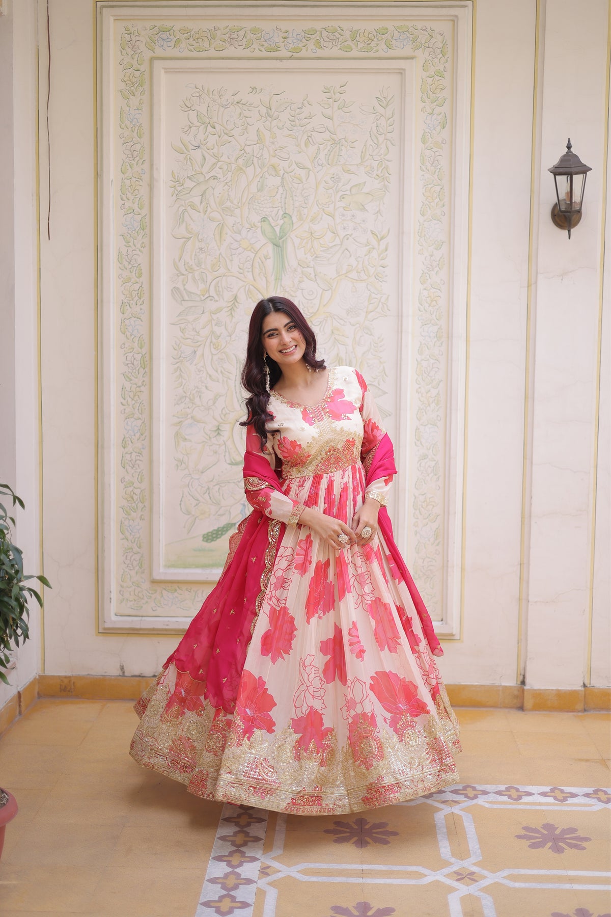 Designer Pink Floral Anarkali Gown with Dupatta Set