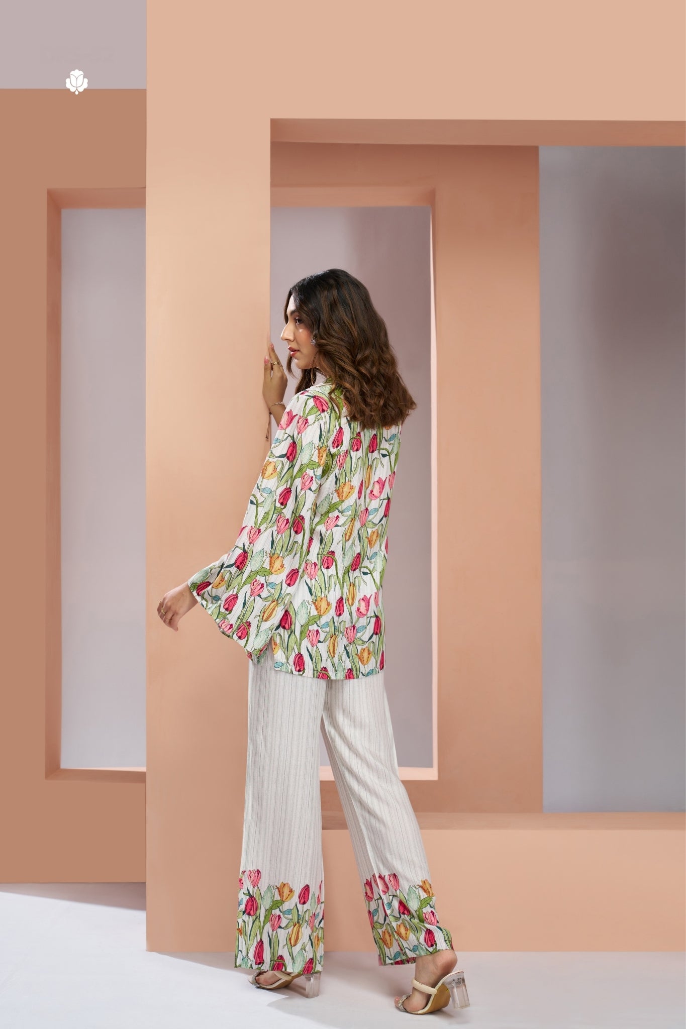 White Pure Muslin Silk Floral Co-Ord Set for Women