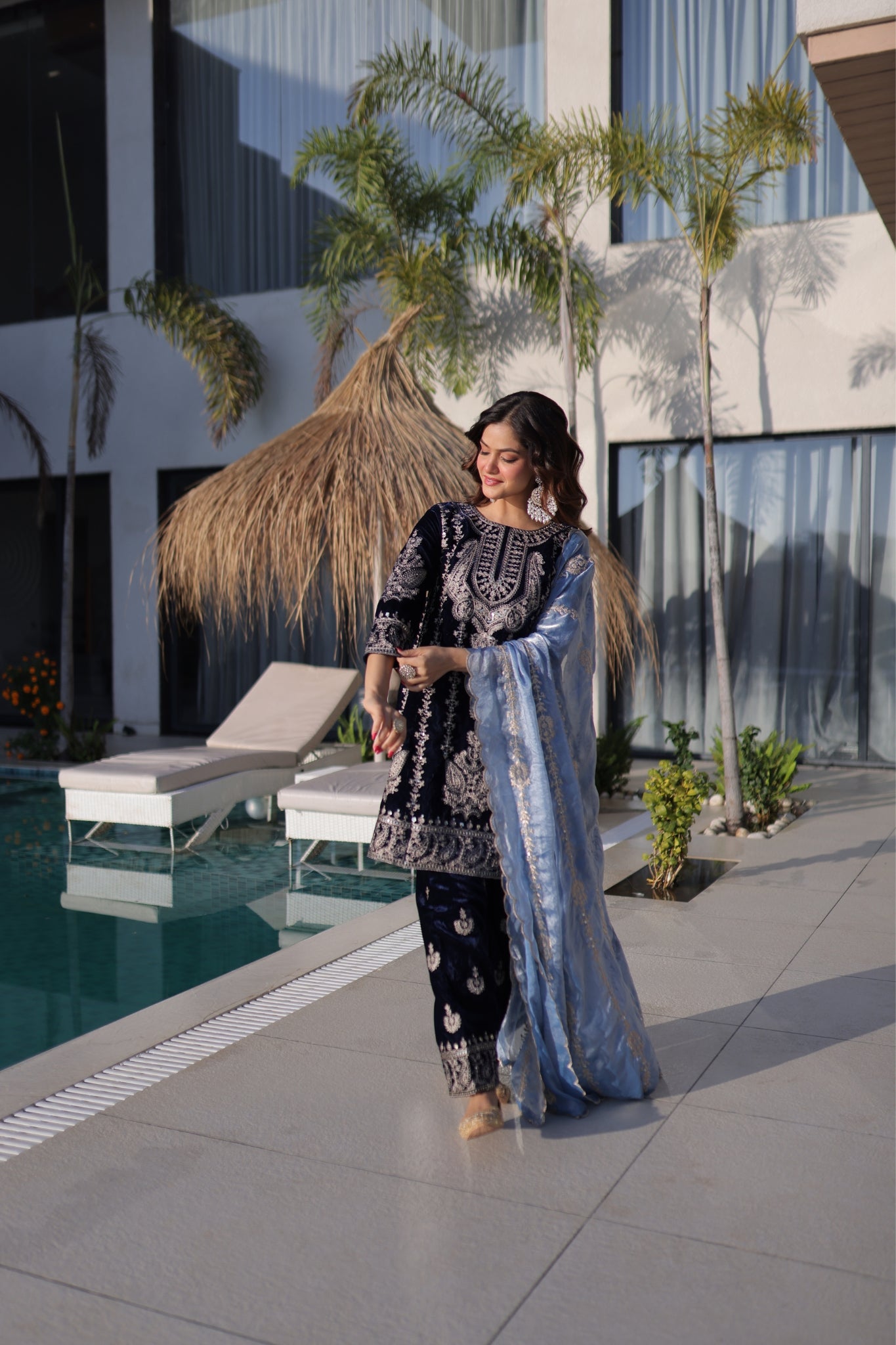 Luxury Designer Velvet Zari Embroidered Suit Set With Fendi Dupatta