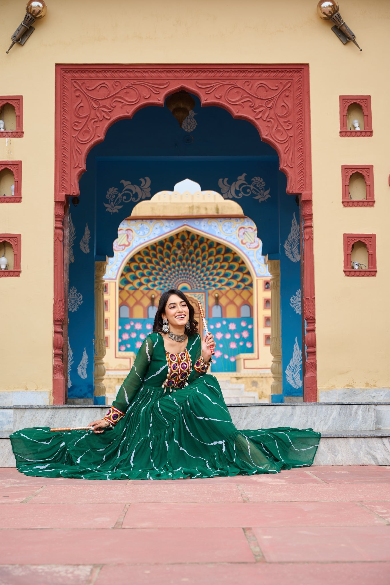 Stunning Laheriya Print With Kutchi Patch Work Georgette Stylish Navratri Gown