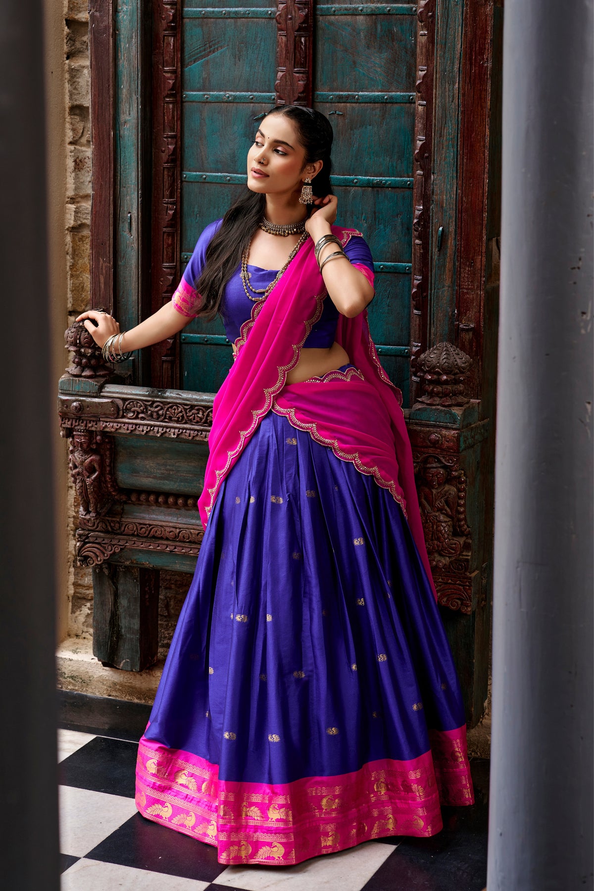 Buy South Indian Cotton Silk Lehenga Choli With Zari Woven Border