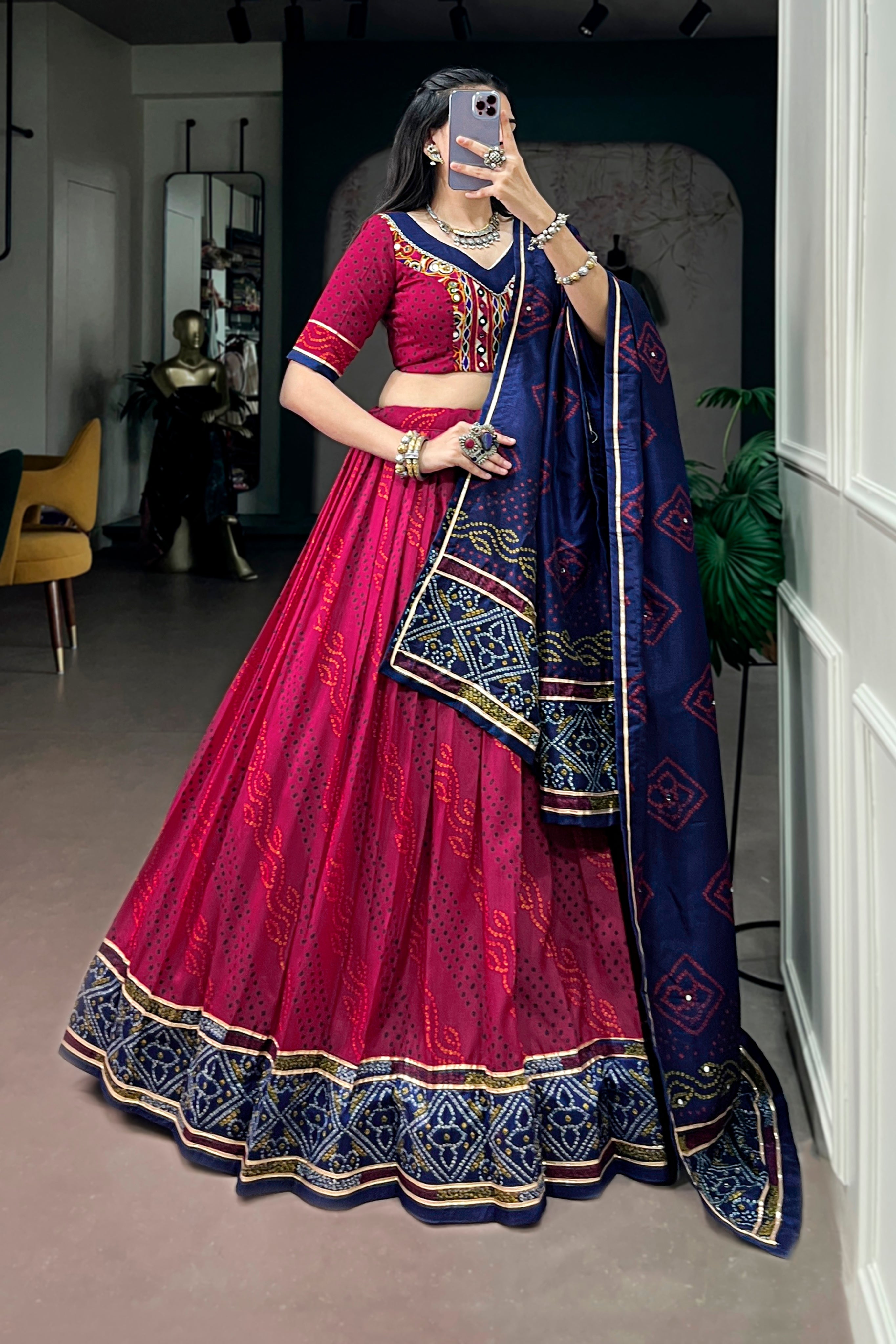 Tasar Silk Bandhani Print Designer Lehenga Choli for Navratri