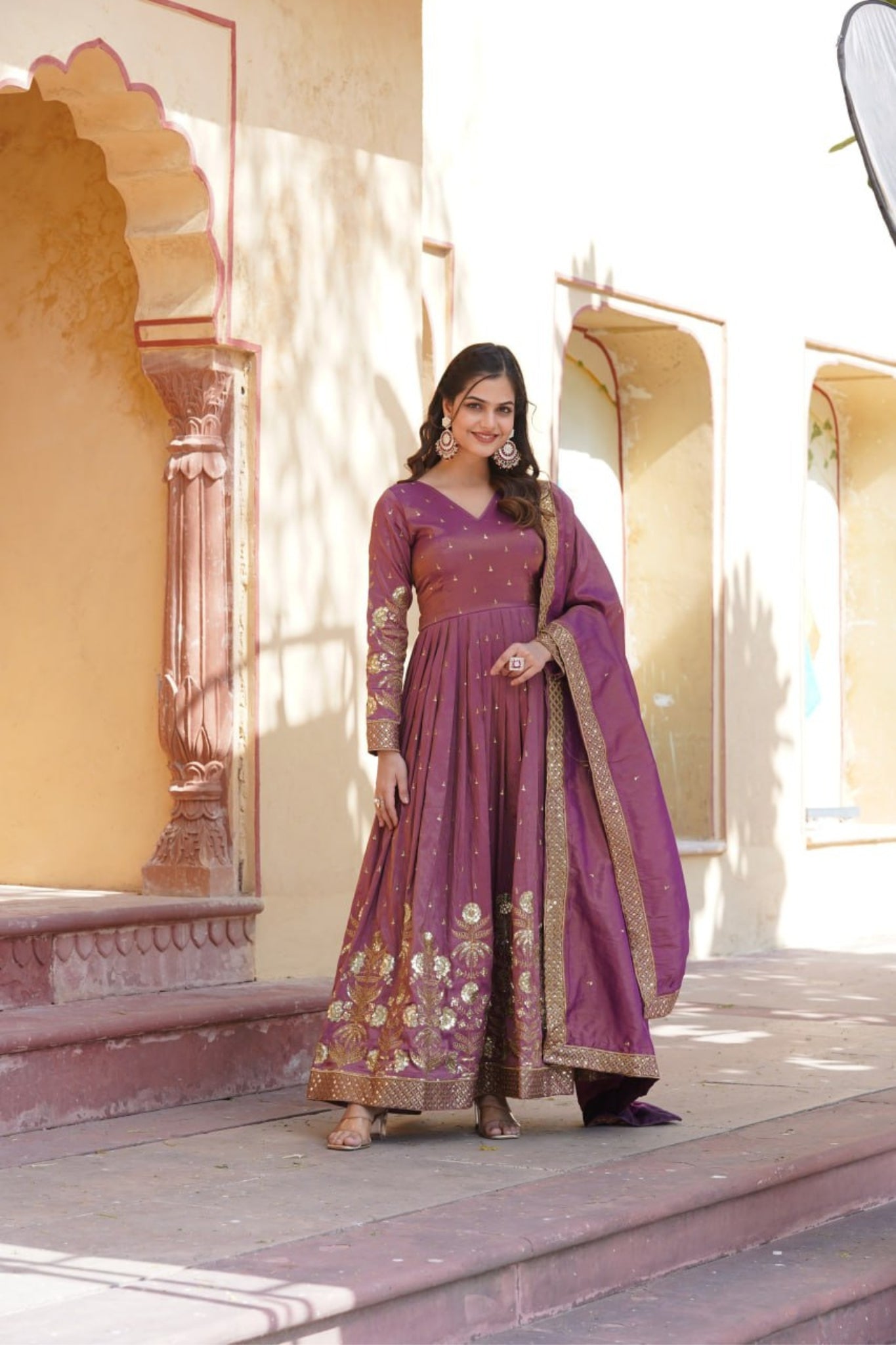 Viscose Embroidery Zari Sequins Work Gown With Dupatta Set