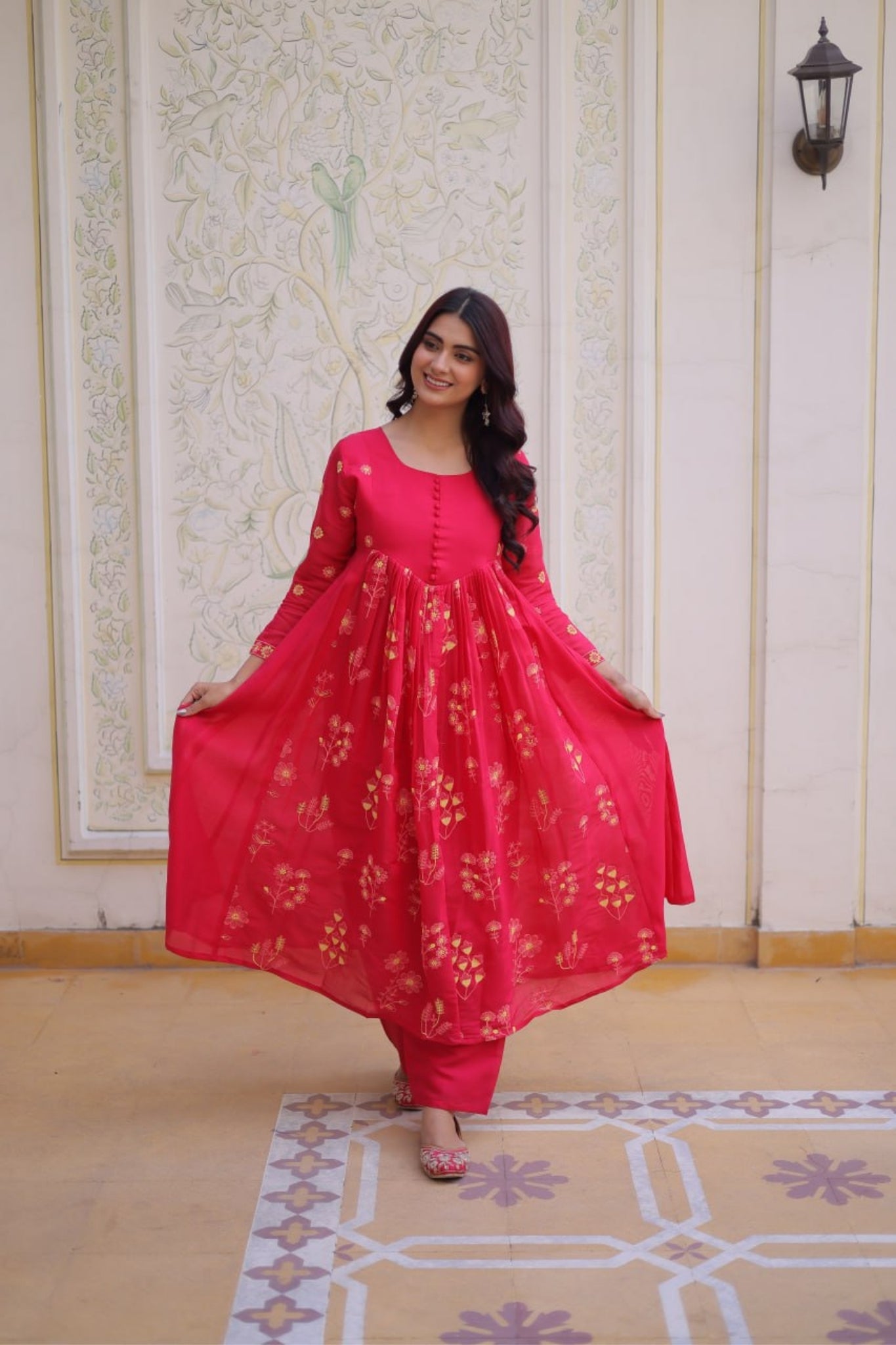 Mal Chanderi Embroidered Anarkali Kurta Pant Set For Women