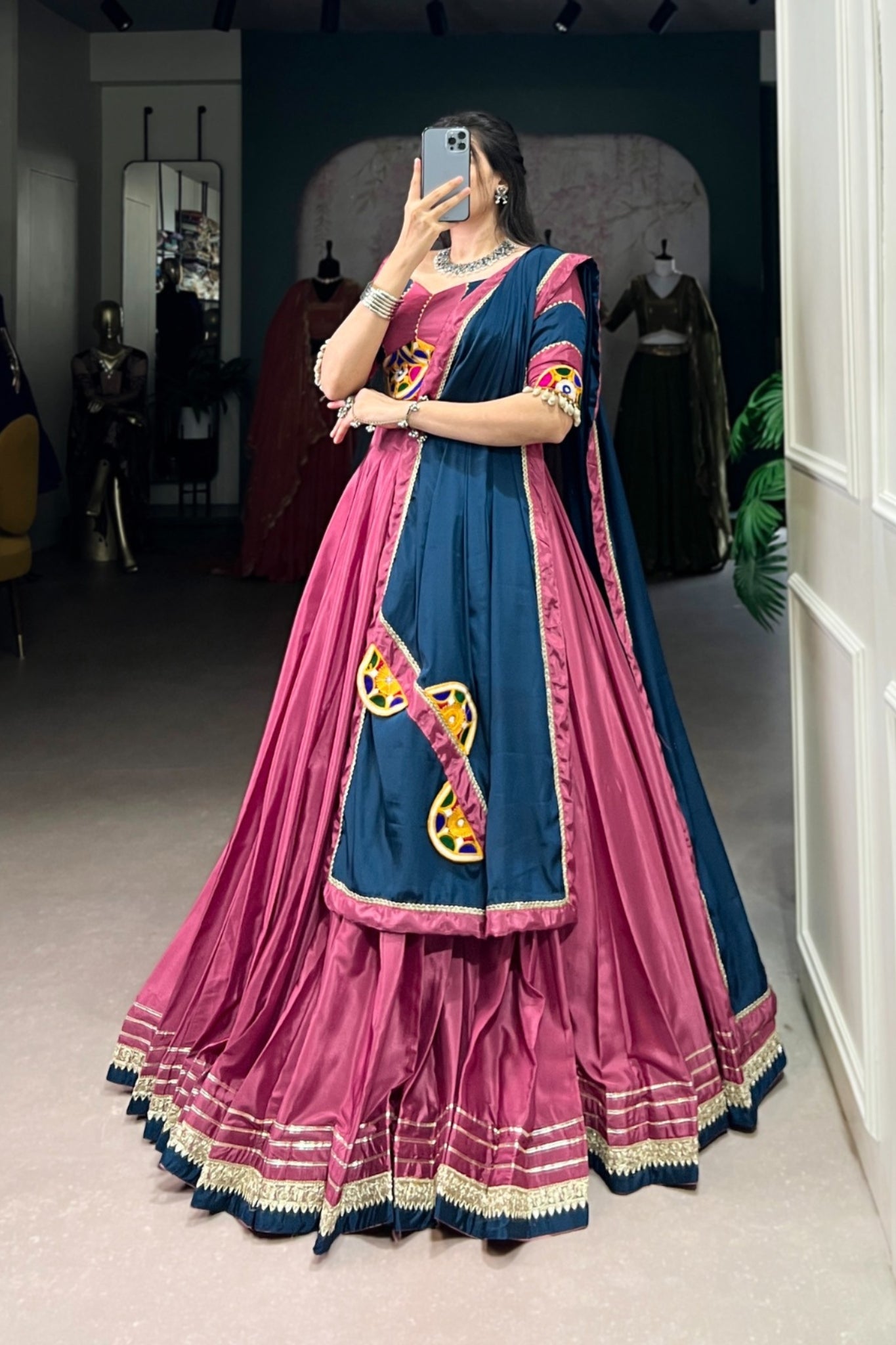 Traditional Original Mirror Gamthi Work With Embroidered Gotta Patti Lace Touch Up Navratri Lehenga Choli