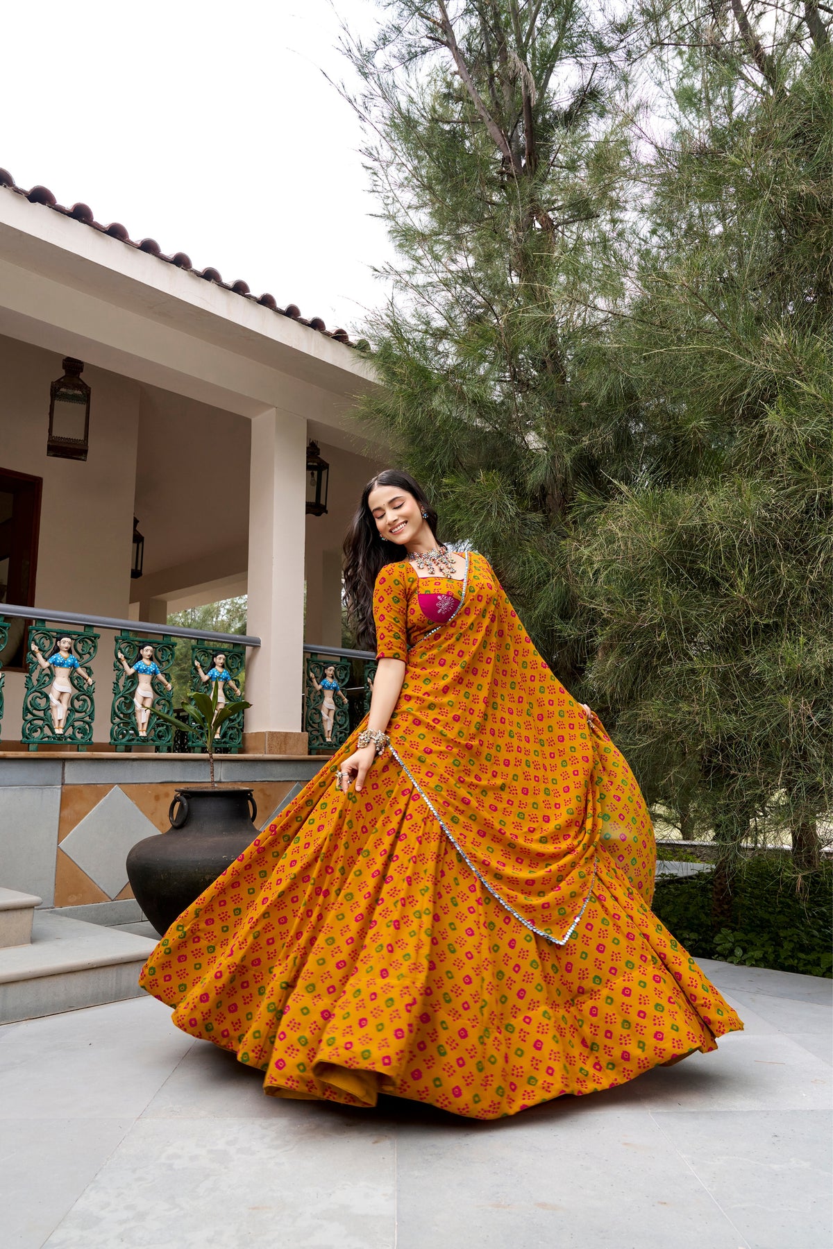 Mustard Georgette Bandhej Print With Embroidery Work Designer Navratri Chaniya Choli For Women