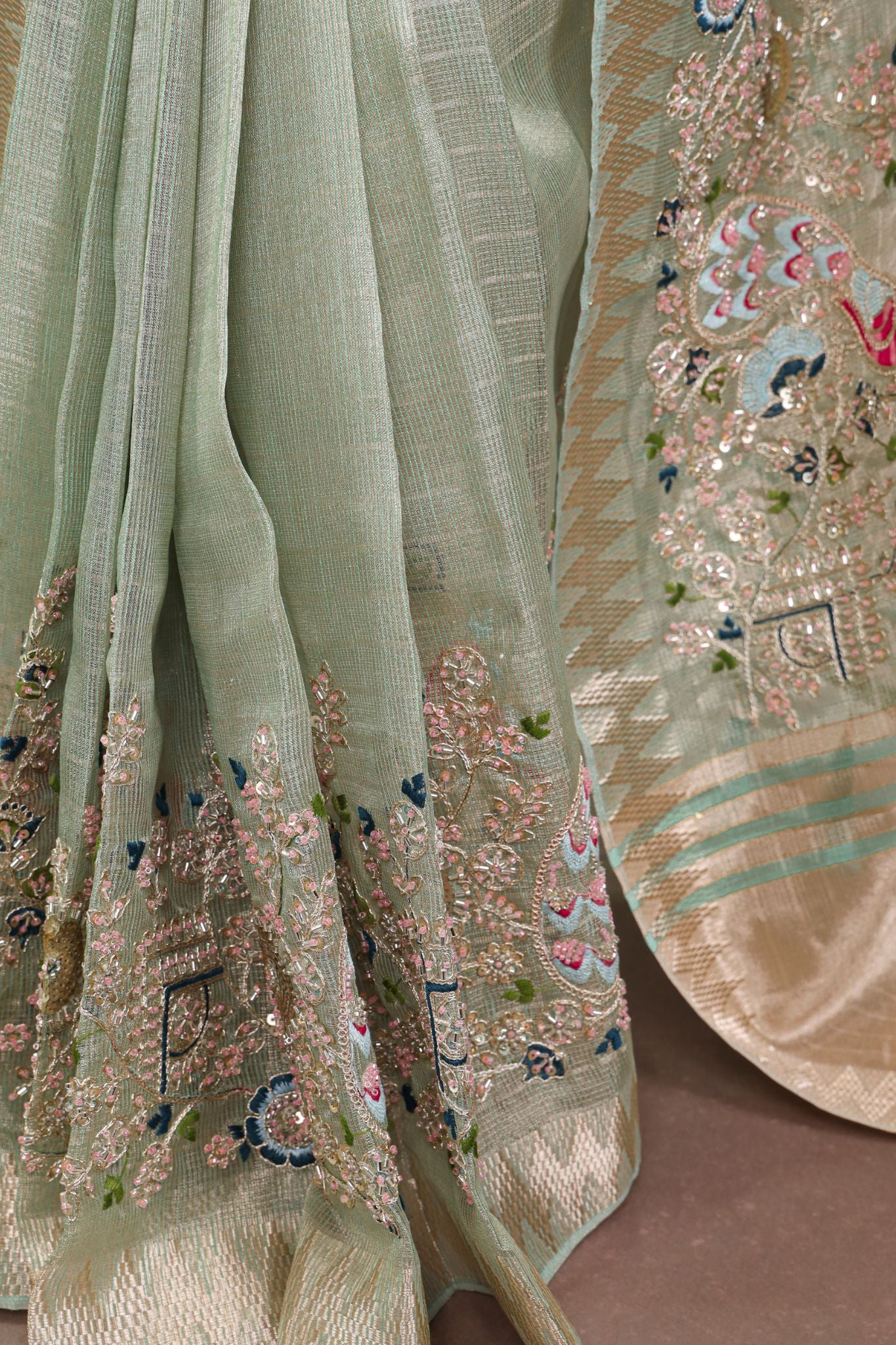 Premium Zari Kota Tissue Saree | Embroidery Beads Work Zari Weaving Border