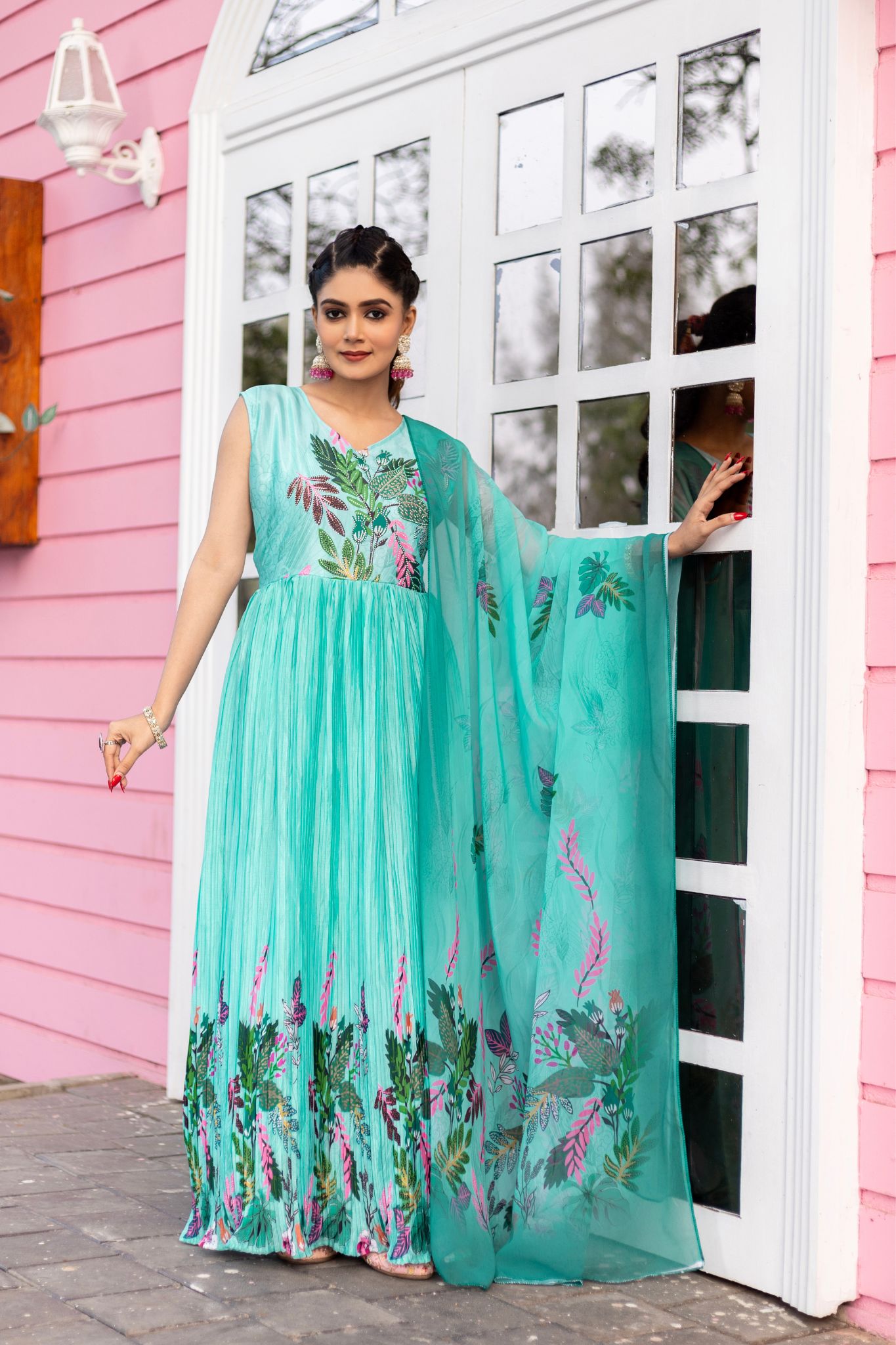 Stunning Printed Chinon Gown With Dupatta Set