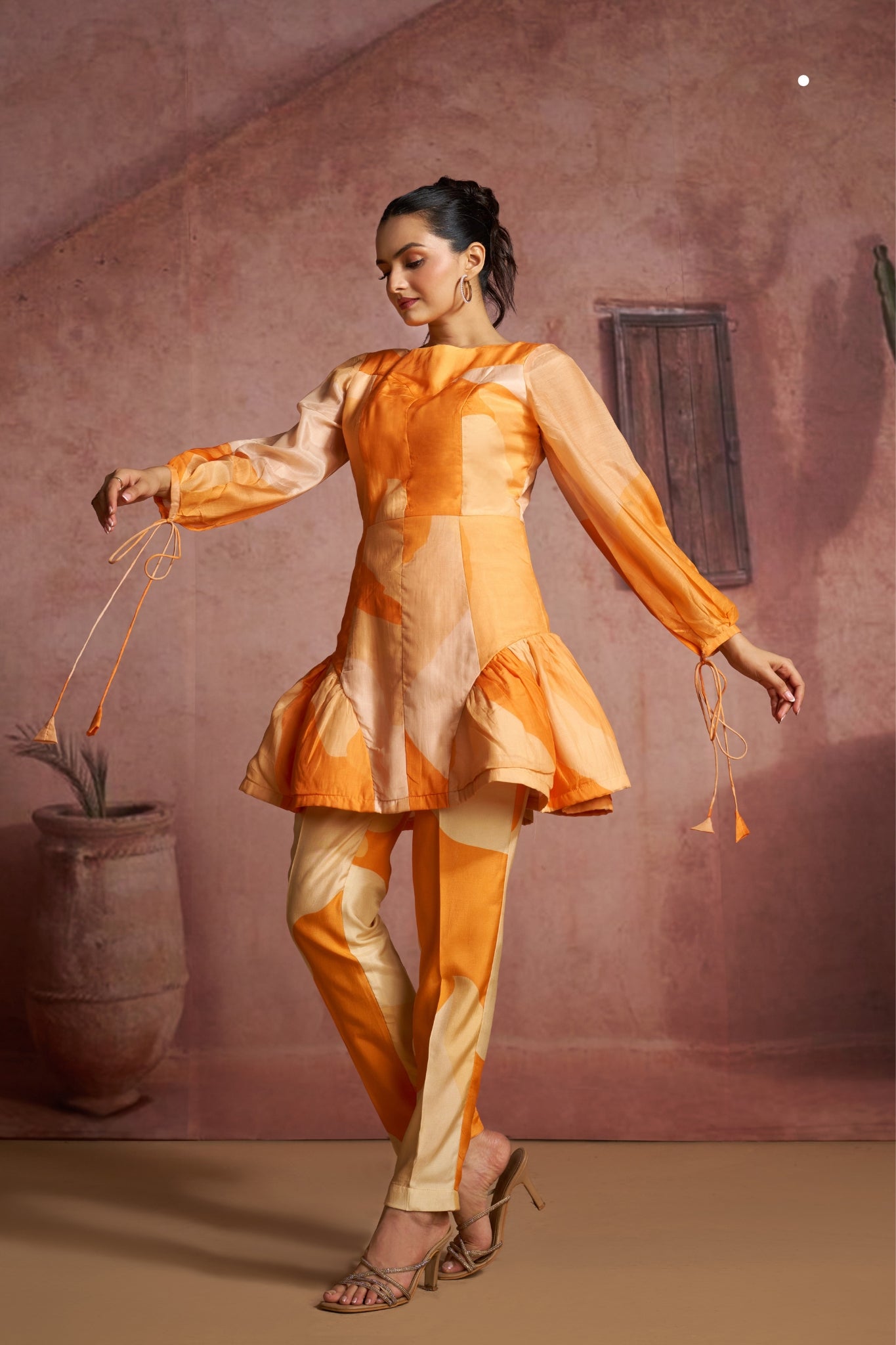 Luxury Pure Muslin Silk Abstract Orange Co Ord Set