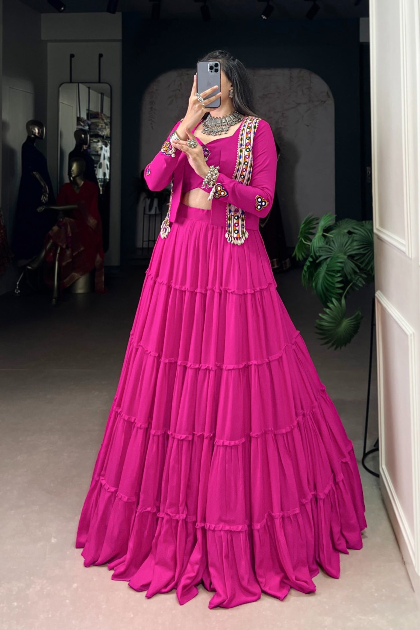 Pure Rayon Mirror Gamthi Work Navratri Lehenga Choli Set