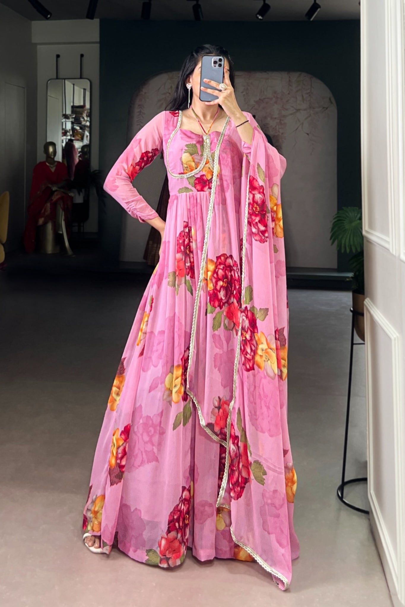Premium Chiffon Floral Print Gown With Lace Detailing And Matching Dupatta