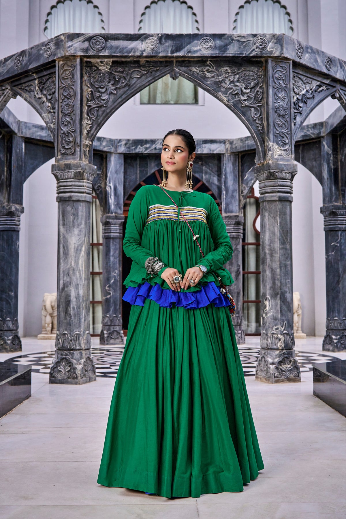 Green & Royal Blue Ruffle Tiered Pure Cotton Designer Navratri Garba Chaniya Choli