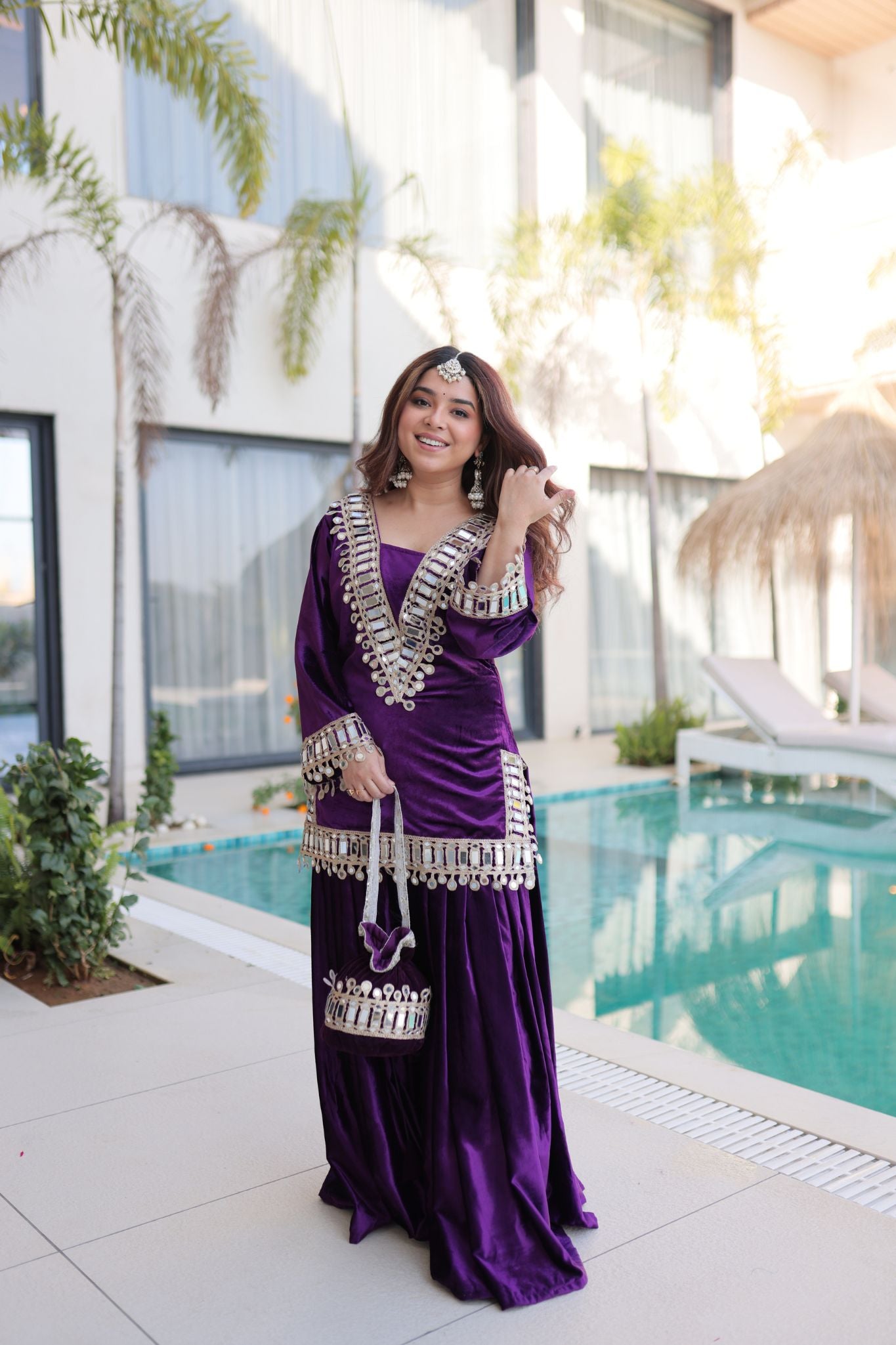 Royal Ice Velvet Zari And Mirror Embroidered Luxury Co Ord Set With Batwa