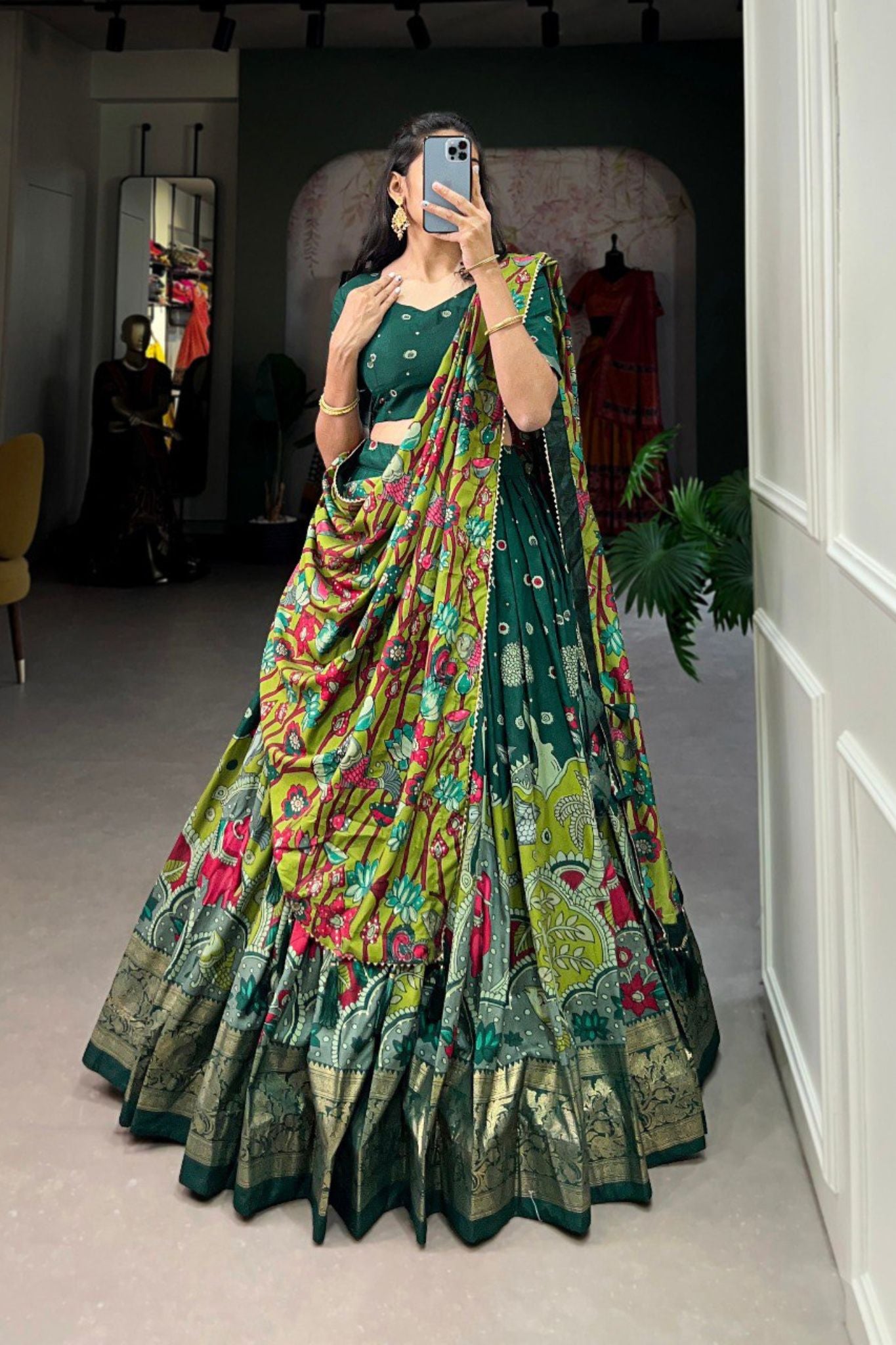 Kalamkari Print With Foil Work Lehenga Choli